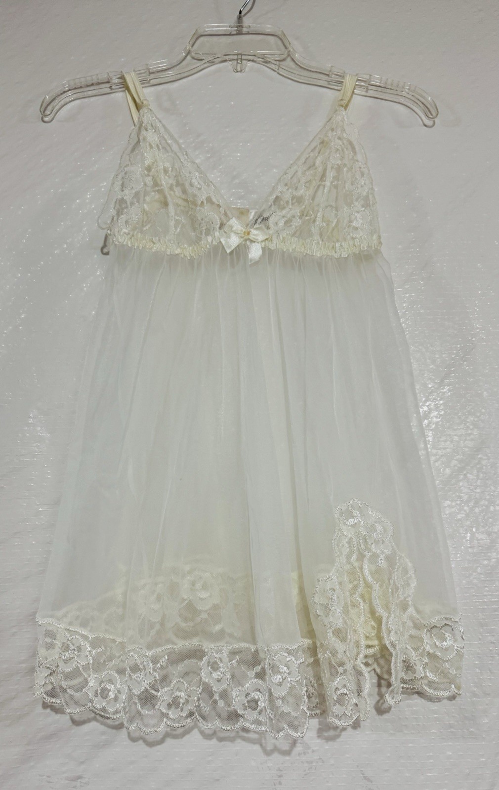 VTG 90s FREDERICK’S OF HOLLYWOOD Babydoll Teddy Sheer Nylon Ivory Lace Fairy M