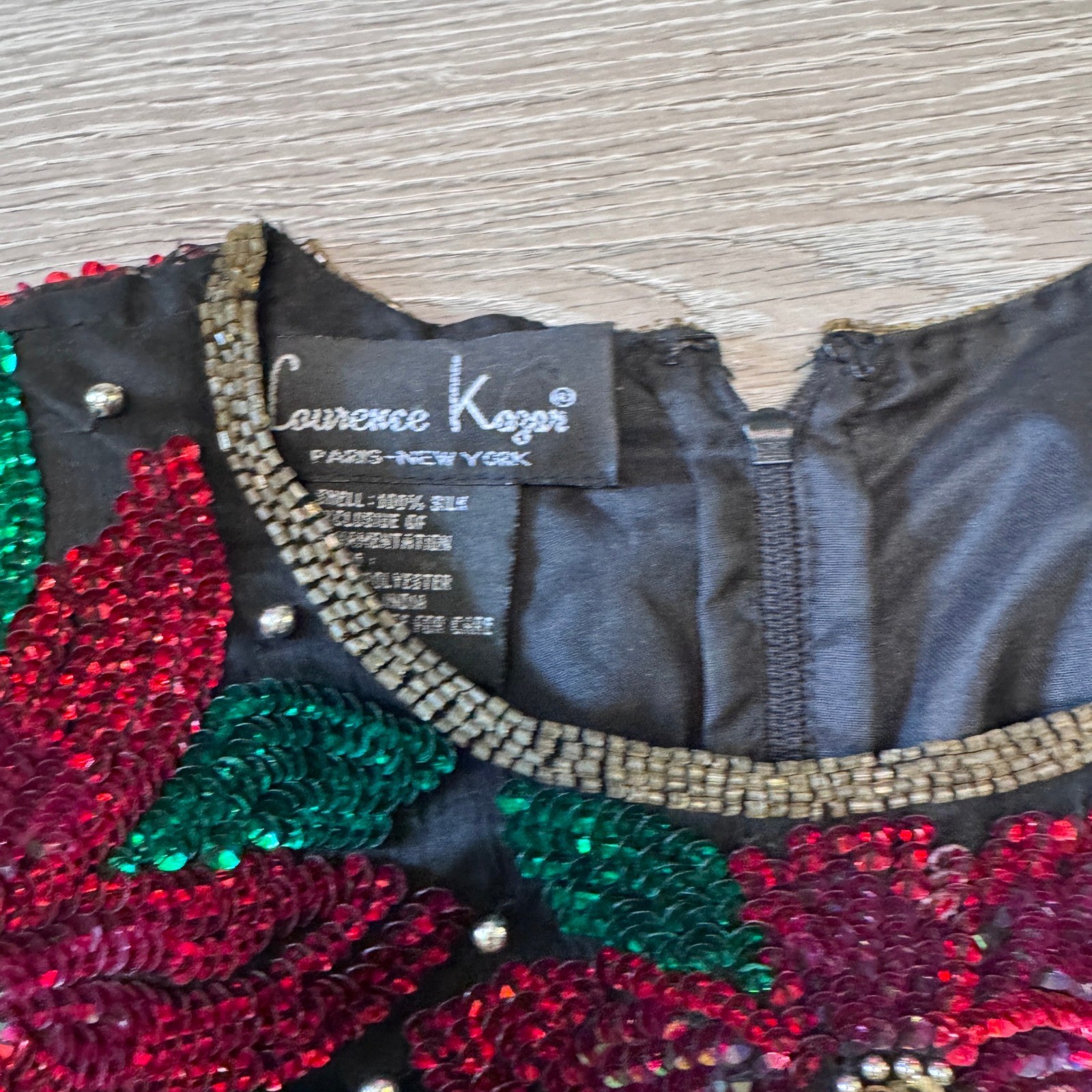 Laurence Kazar Vintage Silk Sequin Poinsettia Blouse Red Green Holiday Top Large