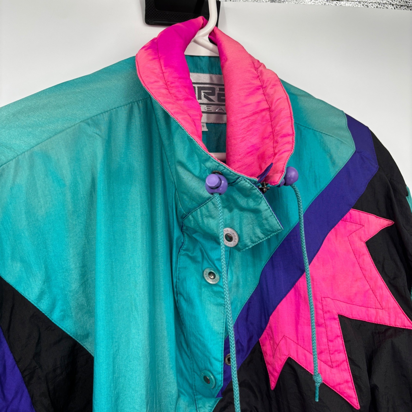 Vintage Fera Skiwear Neon Colorblock Anorak Pullover Jacket Womens 8 Black Teal