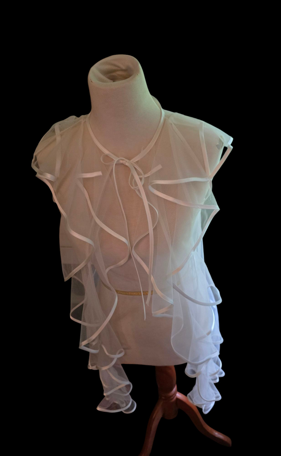 Vintage Ivory Tulle Sheer Ruffle Top Satin Trim Original Tags Rinascimento ITALY
