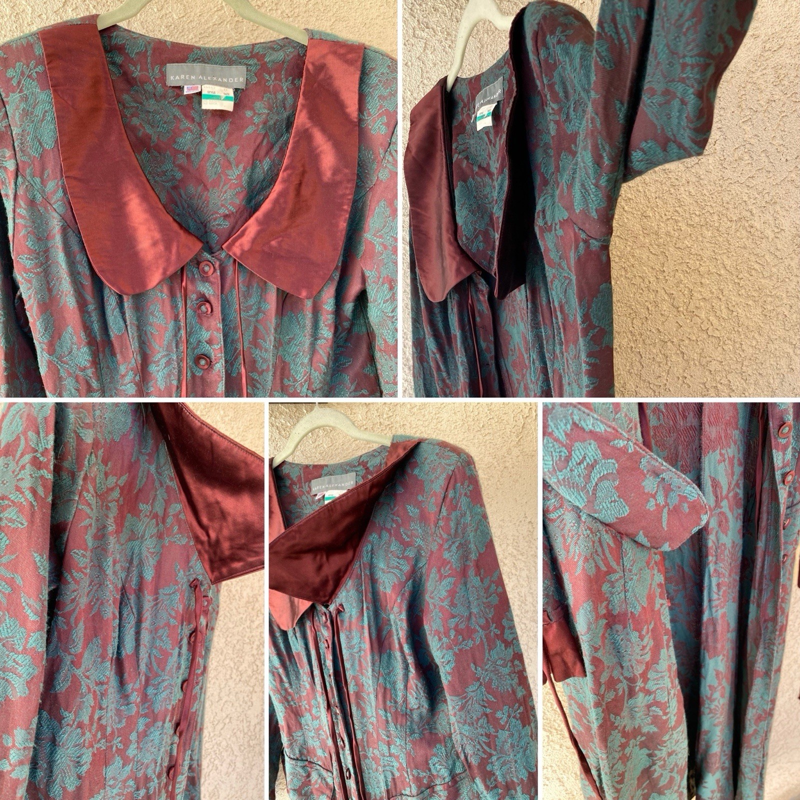 Vintage 80s 90s Karen Alexander Floral Jacquard Maxi Dress Burgundy Green USA 8