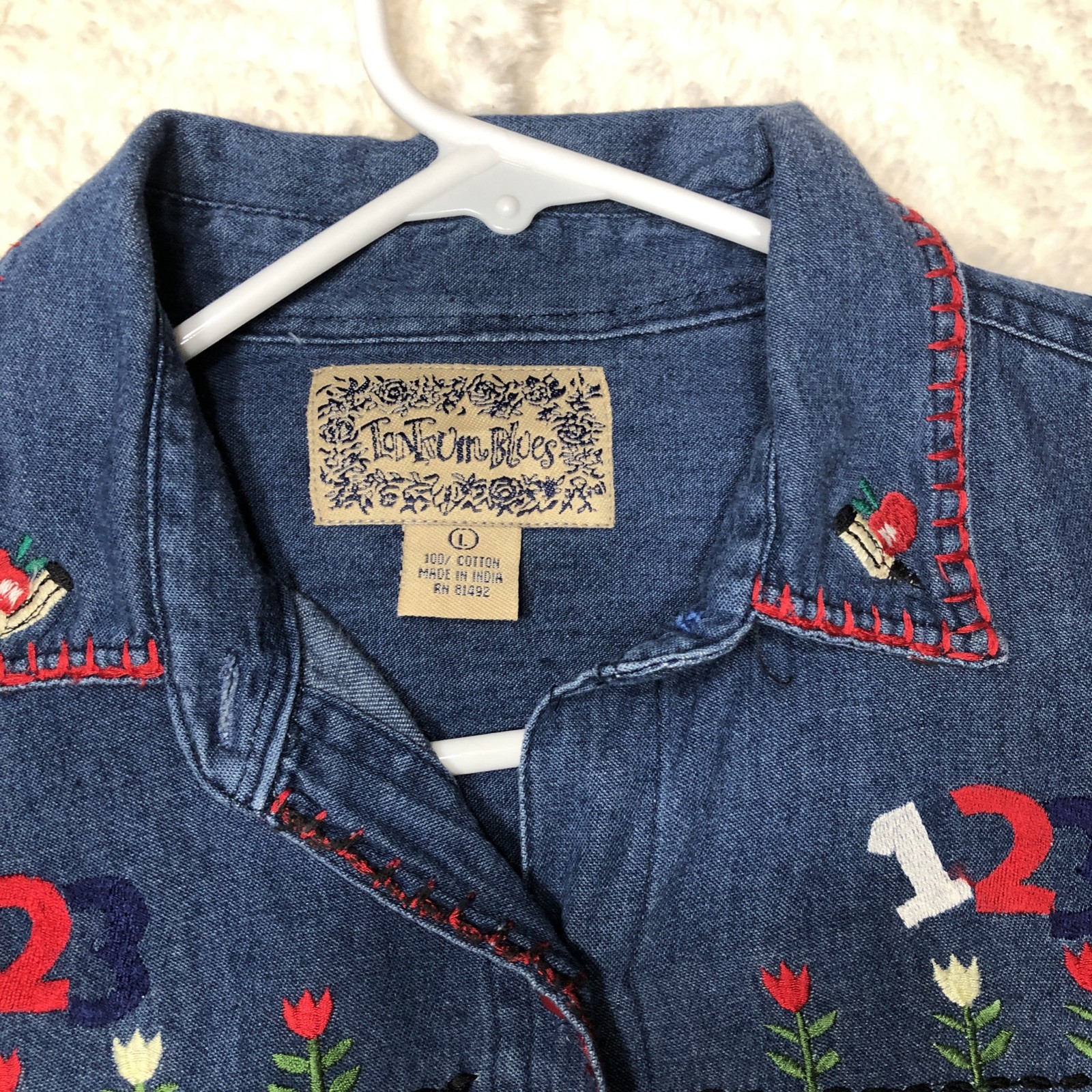 Vtg Denim Shirt Women’s Large Embroidered Elementary School Class Teacher