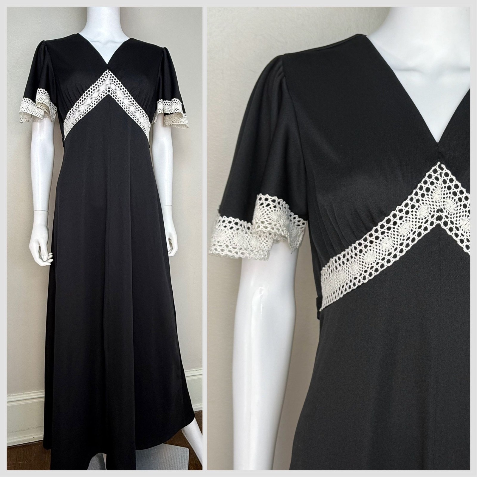Vtg 1970s Black Maxi Dress White Crochet Trim 70s Sears Fashions Boho Cottage