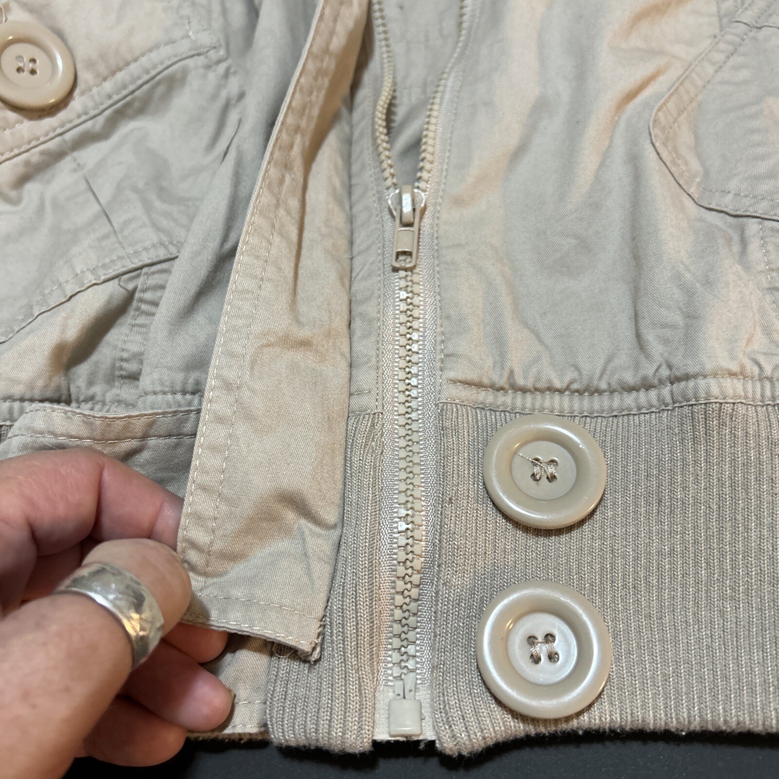 Rue21 Beige Short Cropped Jacket 3/4 Sleeve Size XL 6 Large Buttons Two Pockets
