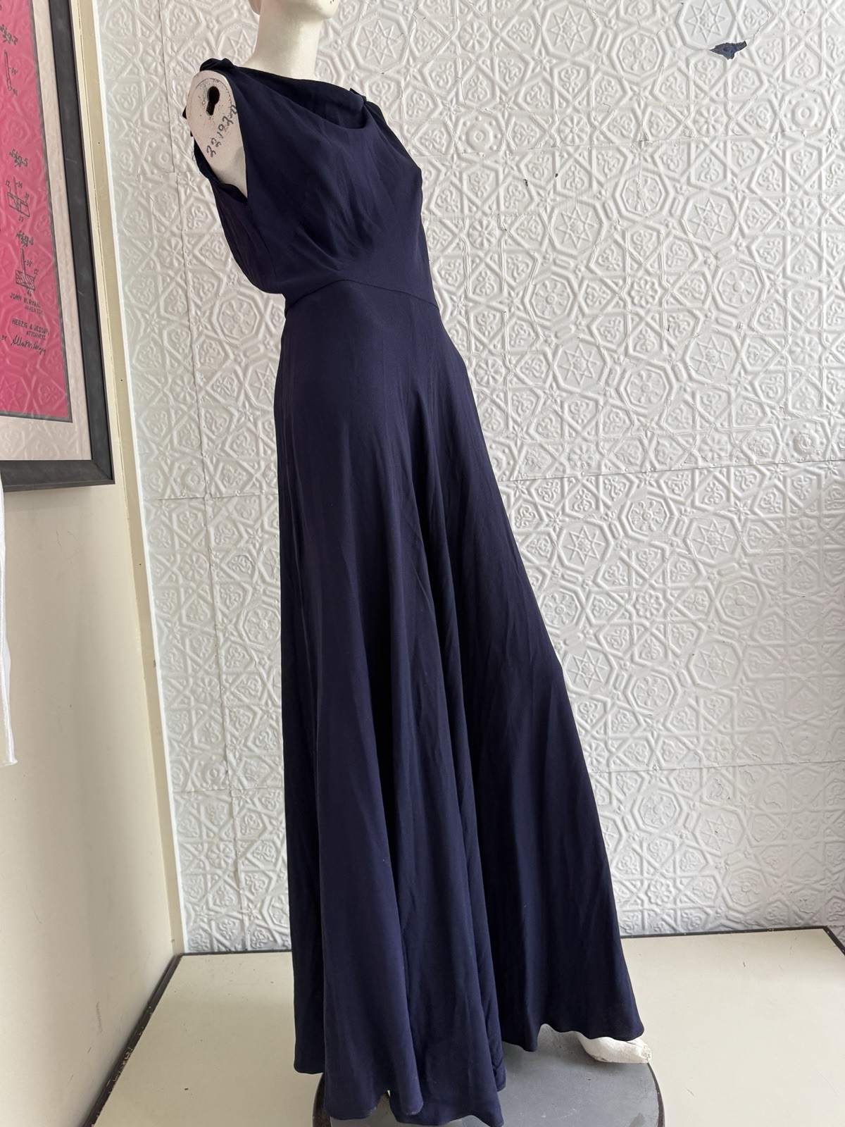vintage 1940s gown navy blue crepe bridesmaid prom evening antique draped medium
