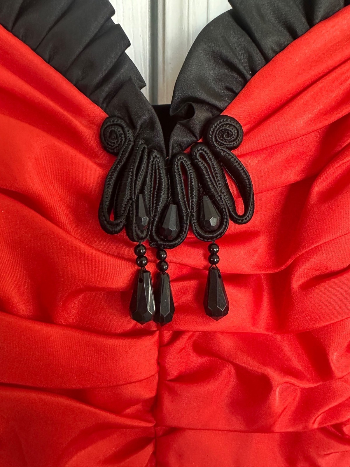 VTG Vera Mont France 42 Red Black Ruched Cocktail Party Dress Pin Up
