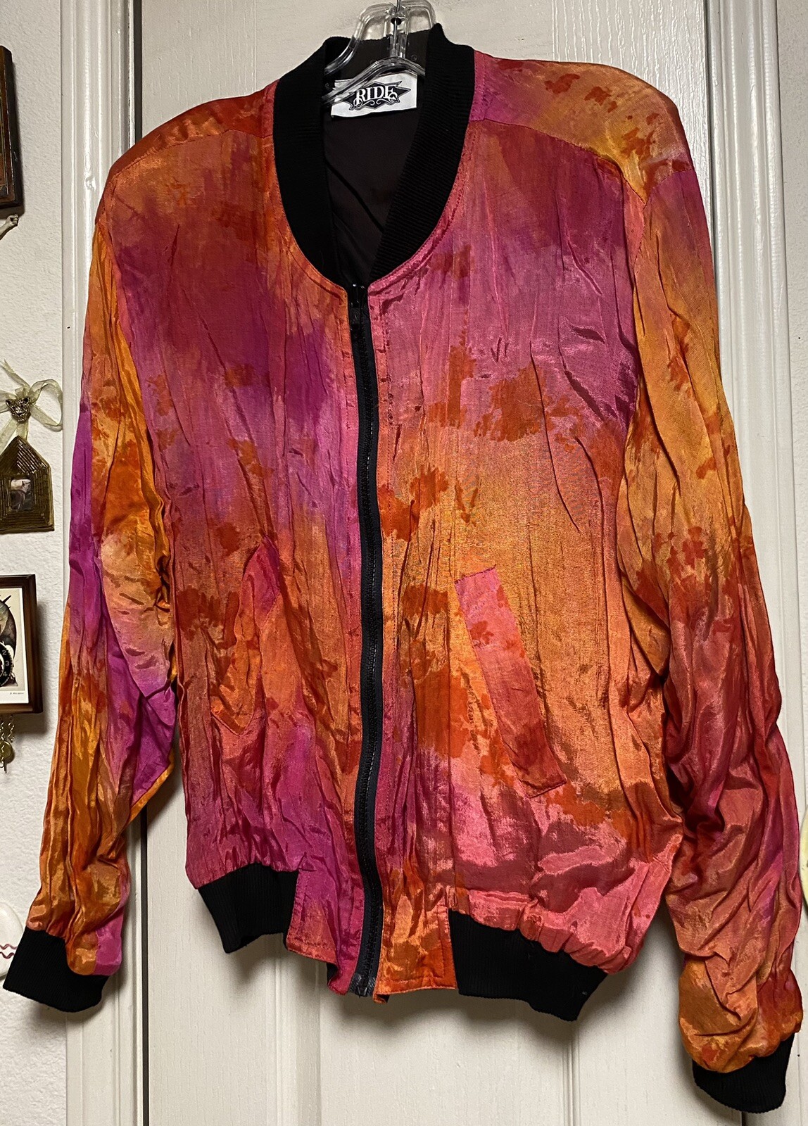 Vintage RIDE Rayon/Cotton Fuchsia Orange & Black Bomber Jacket W/Shoulder Pads