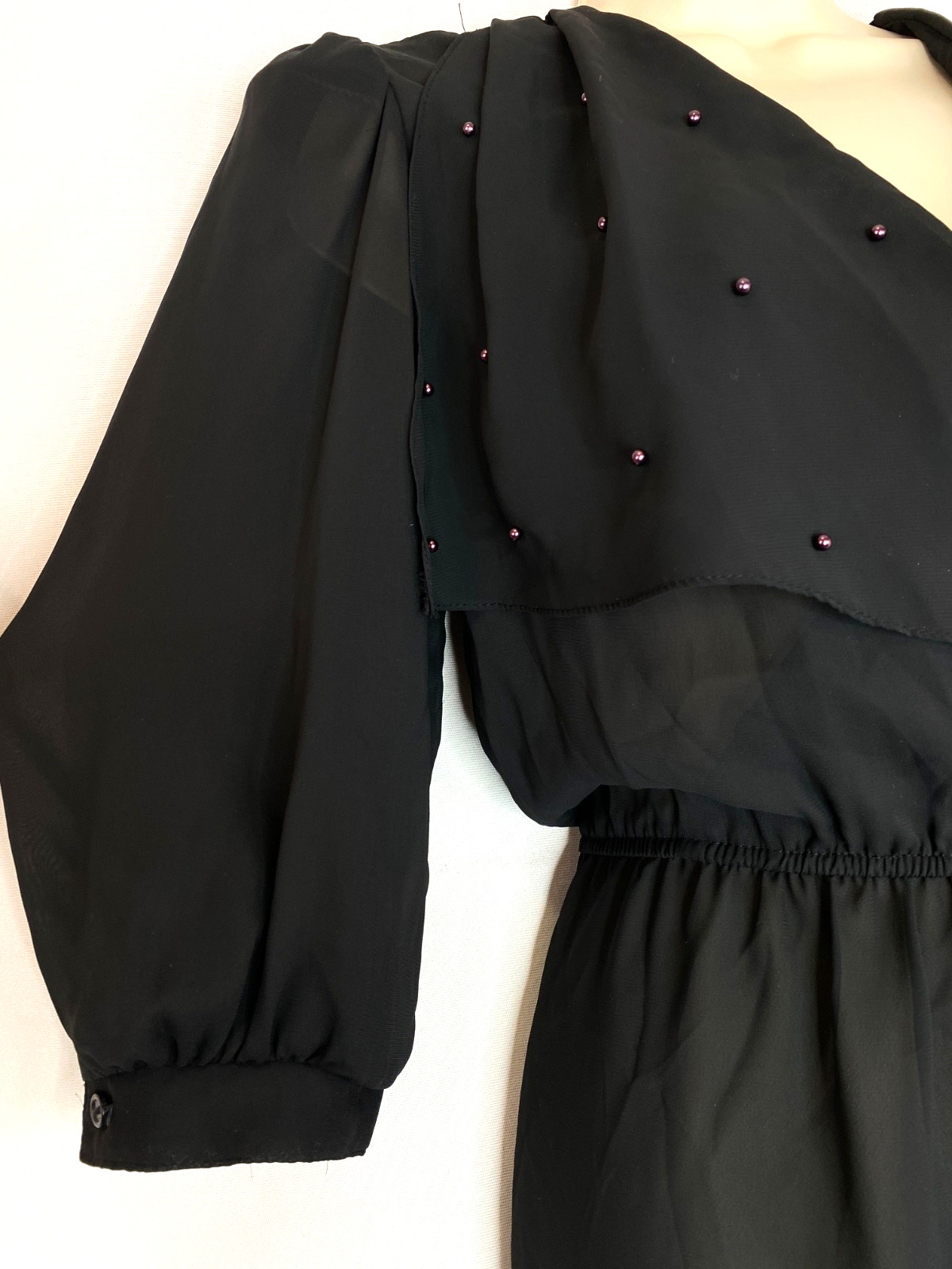 Vintage 1970s black sheer beaded midi dress puffed 1/2 sleeve embellished collar