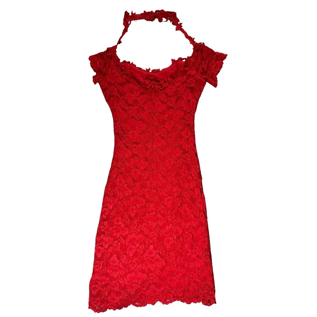 Vintage 90s Molly Malloy All That Jazz Red Lace Midi Dress with choker size 6