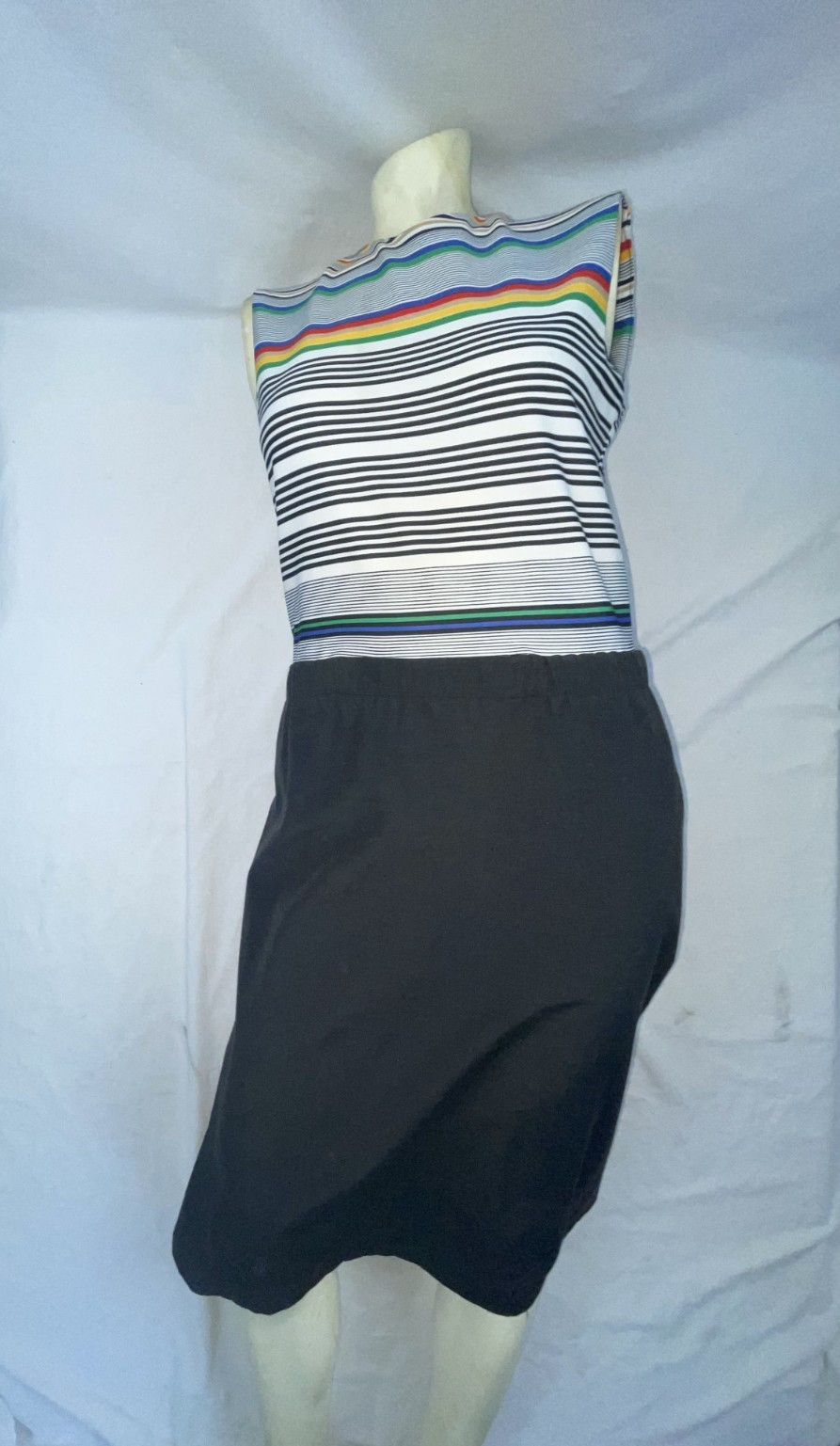 VTG 80S WOMENS S RETRO NEW WAVE SLEEVELESS STRIPED BLACK DRESS