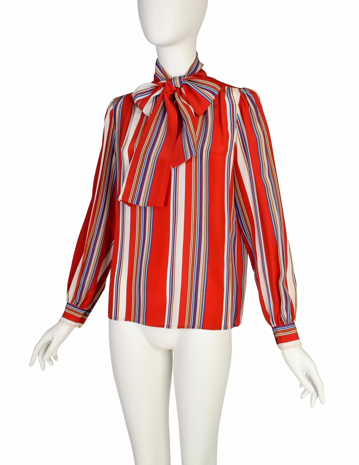 Yves Saint Laurent Vintage SS 1982 Red Multicolor Striped Silk Lavalliere Shirt