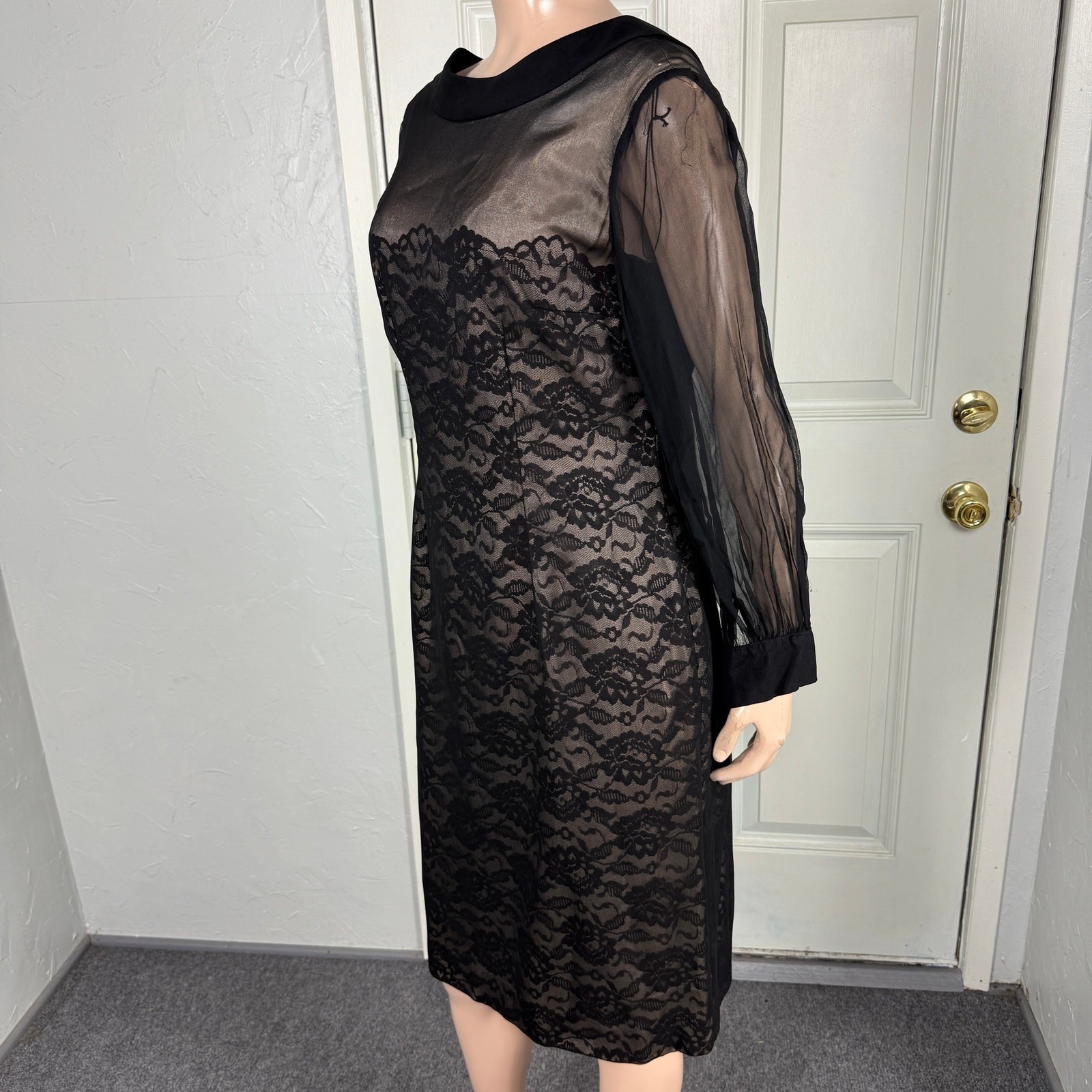 Vintage 50s 60s Women’s Dress Lace Floral Party Formal Evening Long Sleeve J26