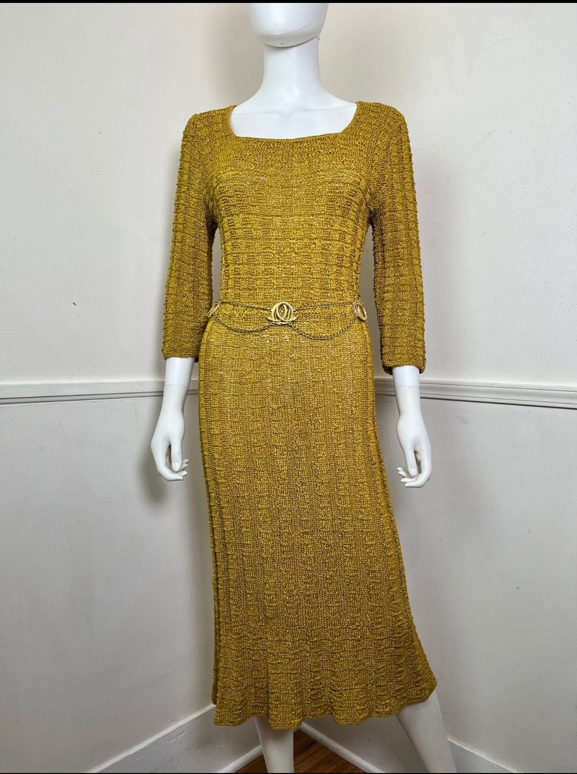 Vintage 1930s 30s yellow golden ribbon crotchet dress 1940s 40s knit