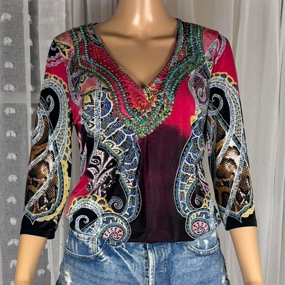 Mechant Paisley Beaded Tunic Top Womens Small Multicolor Excellent Boho V-Neck
