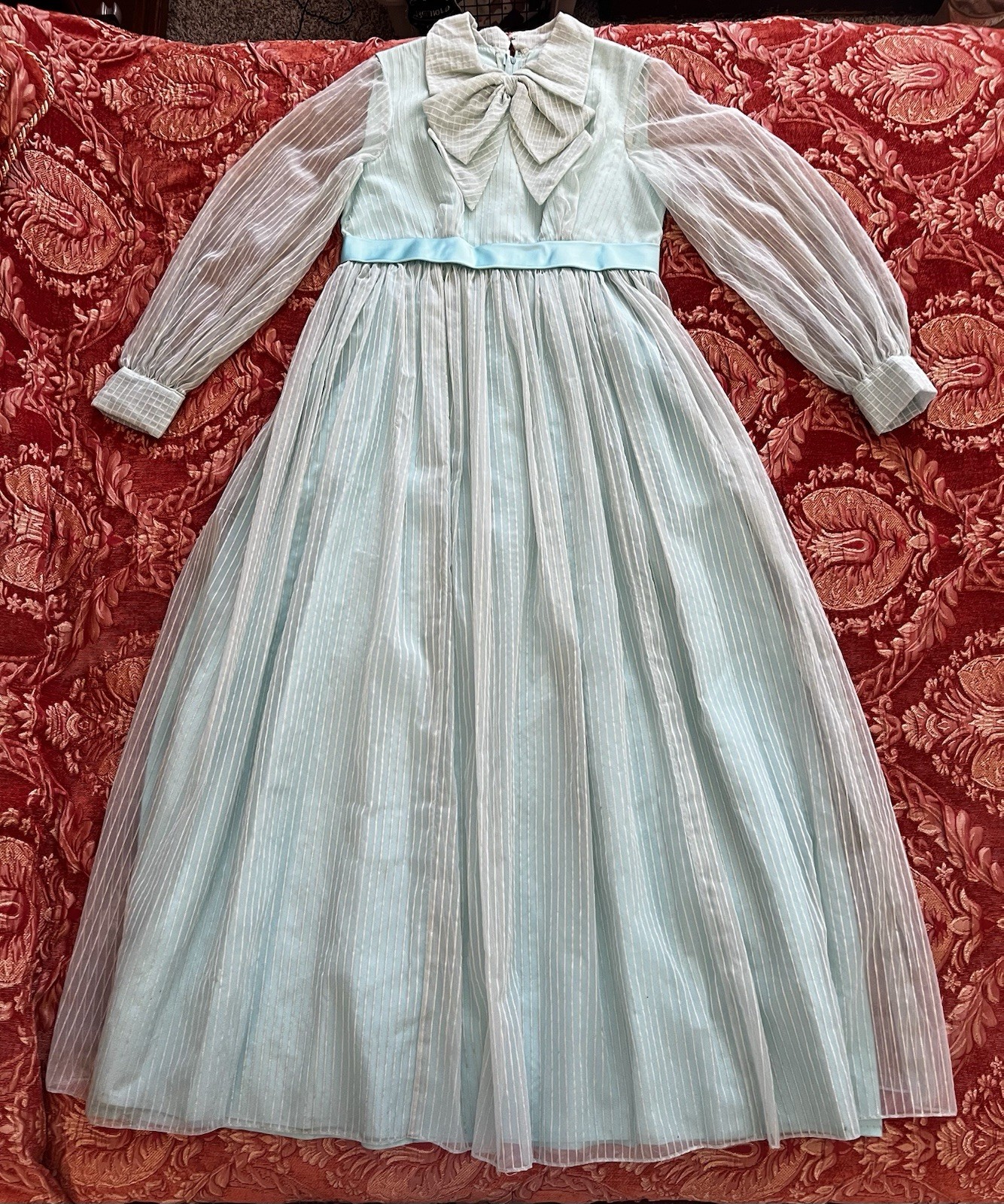 1960s-1970s Chiffon Maxi Dress Collared Long Sleeve Bow Front Handmade