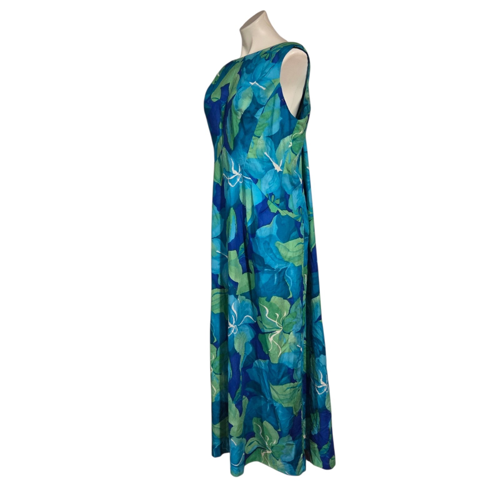 Vintage Liberty House Hawaii Maxi Dress Faux Cape Flowy Blue Green Floral M/L