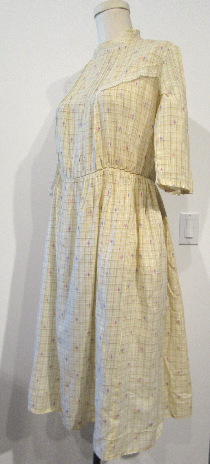 VINTAGE WOMENS 1910S COTTON FAUX IKAT WASH DRESS AS-IS UNFINISHED PROJECT M F41