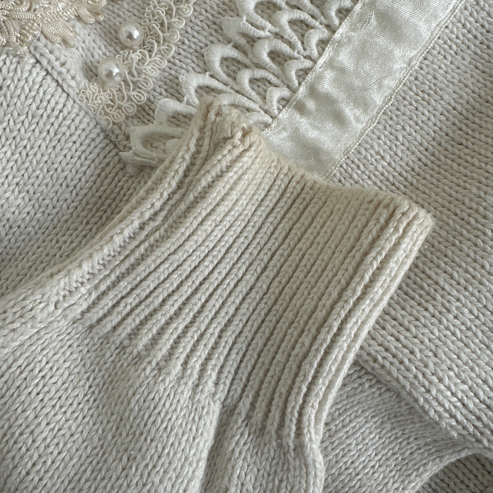 Vintage 90s Bonnie and Bill by Holly Cream Lace Ribbon Trim Sweater Fiarycore