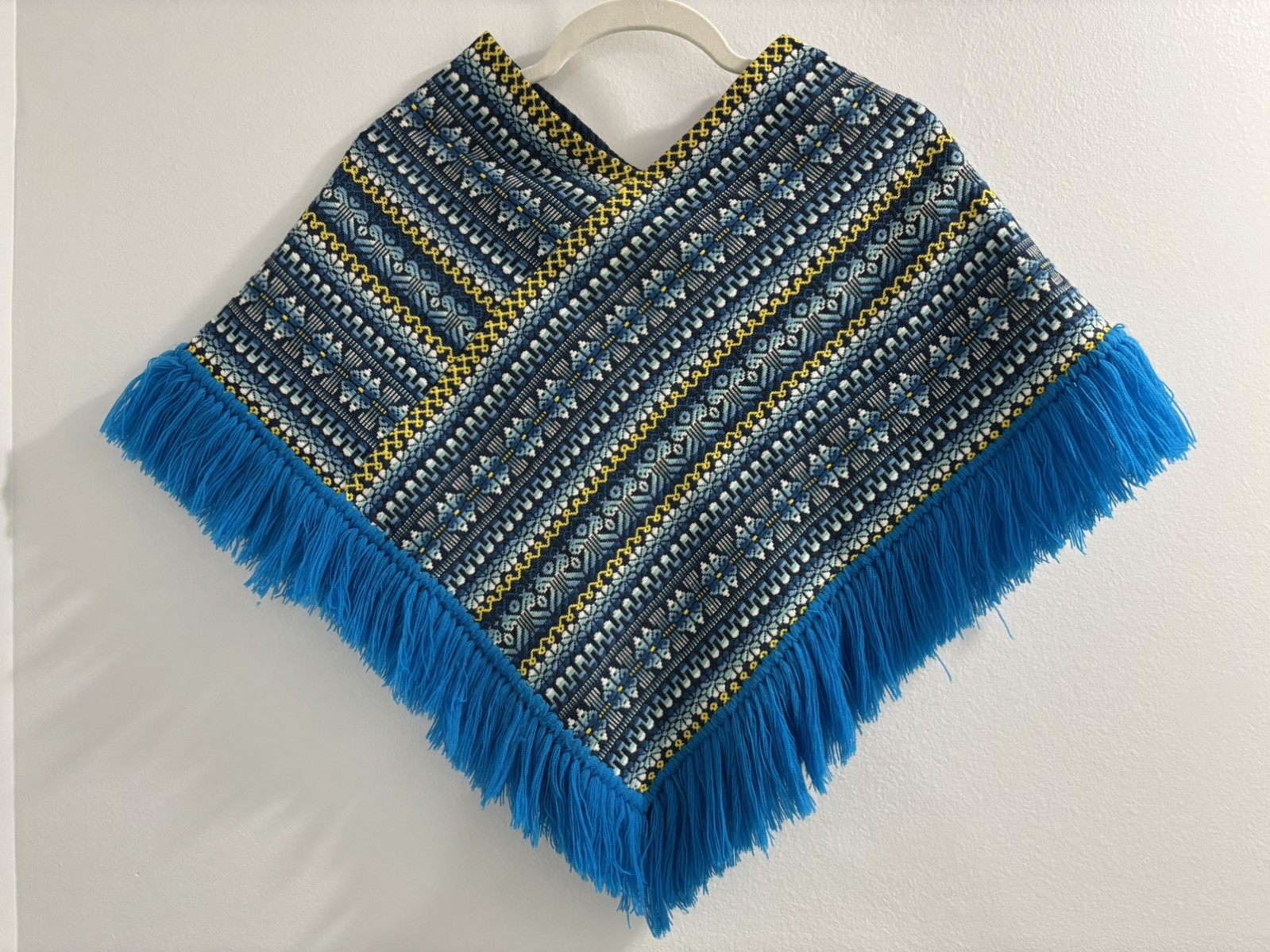 Vintage Guatemalan Poncho Woven Tapestry Fringe Hippie Blue White and Yellow