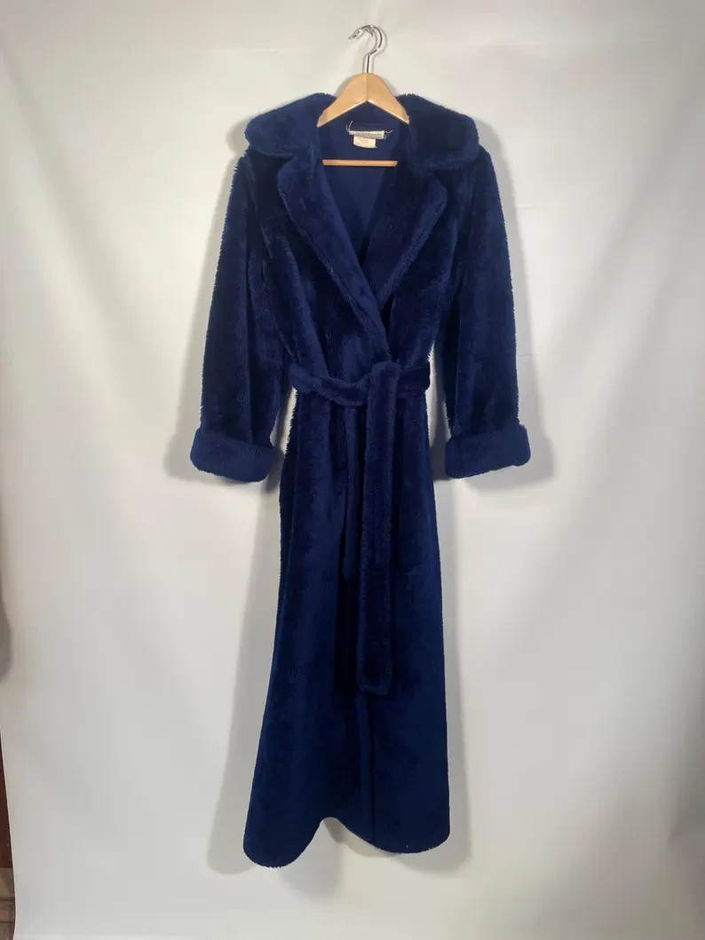 Vintage 1970s Plush Fuzzy Dark Blue Robe Made In USA Size M