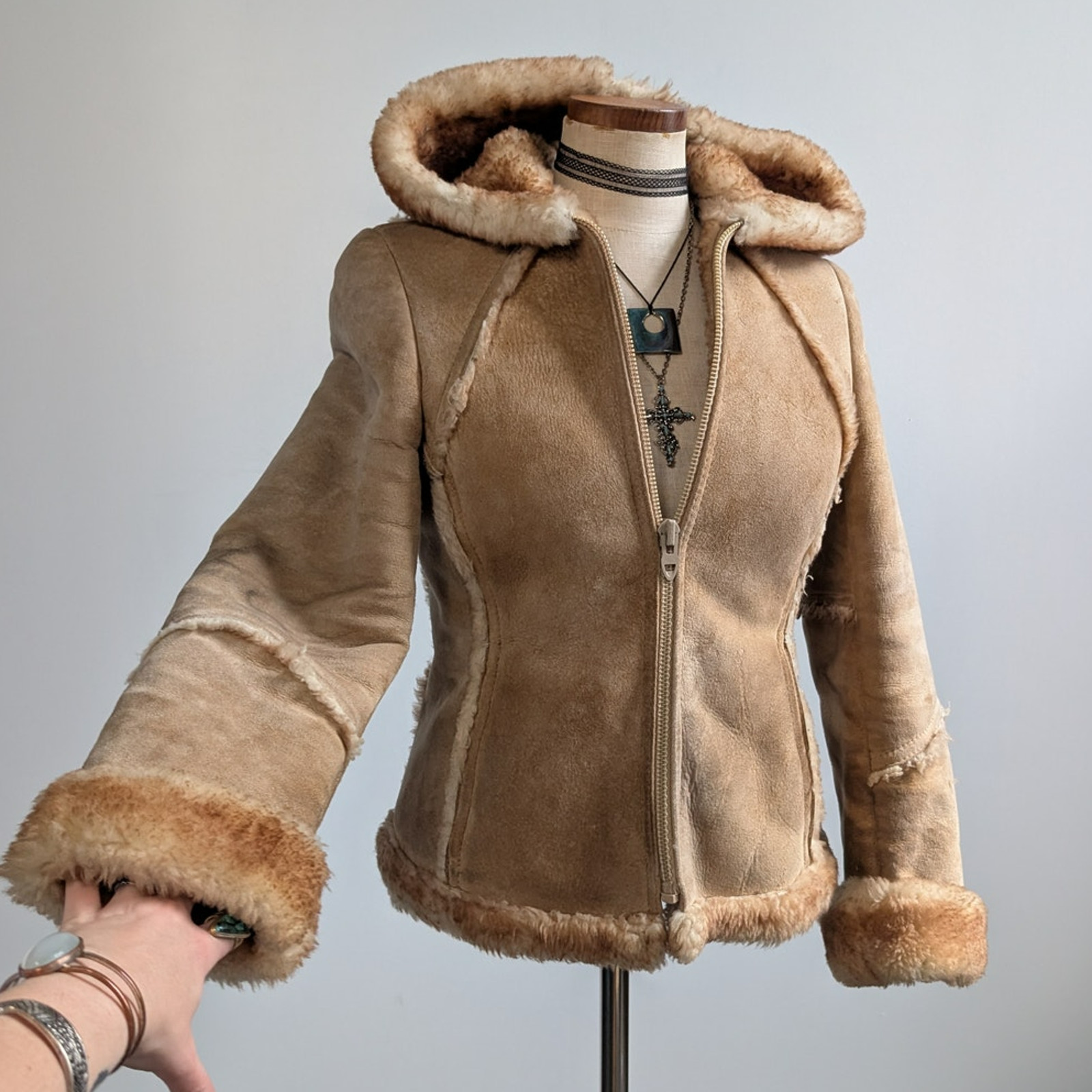 Vintage Tan Suede Shearling Coat Brown Wool Jacket Boho Chic Fur Coat Hood XS