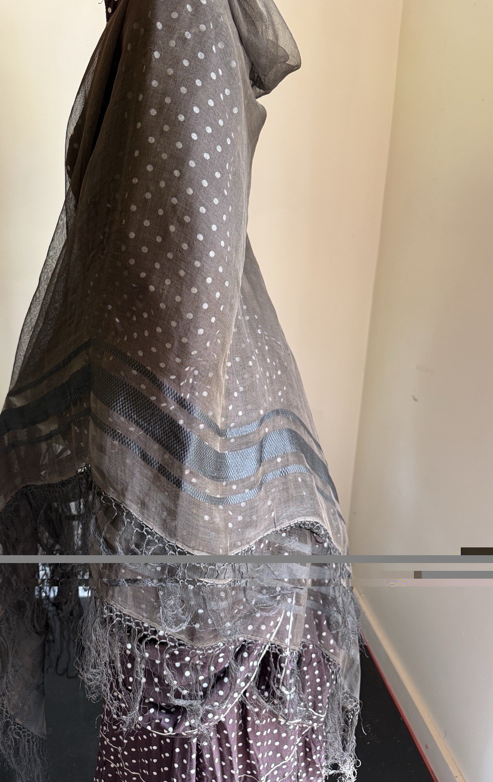 ANTIQUE 1860 CIVIL WAR ERA SHEER SILK FRINGED SHAWL WITH RIBBON WEAVE DETAIL