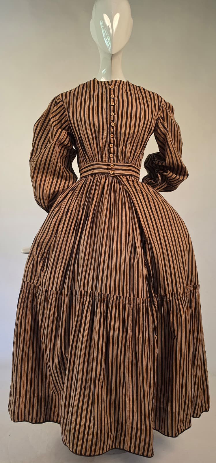 MID 19TH C STRIPED COTTON DRESS W BIG BISHOP SLEEVES + RUFFLE TRIMMED SKIRT