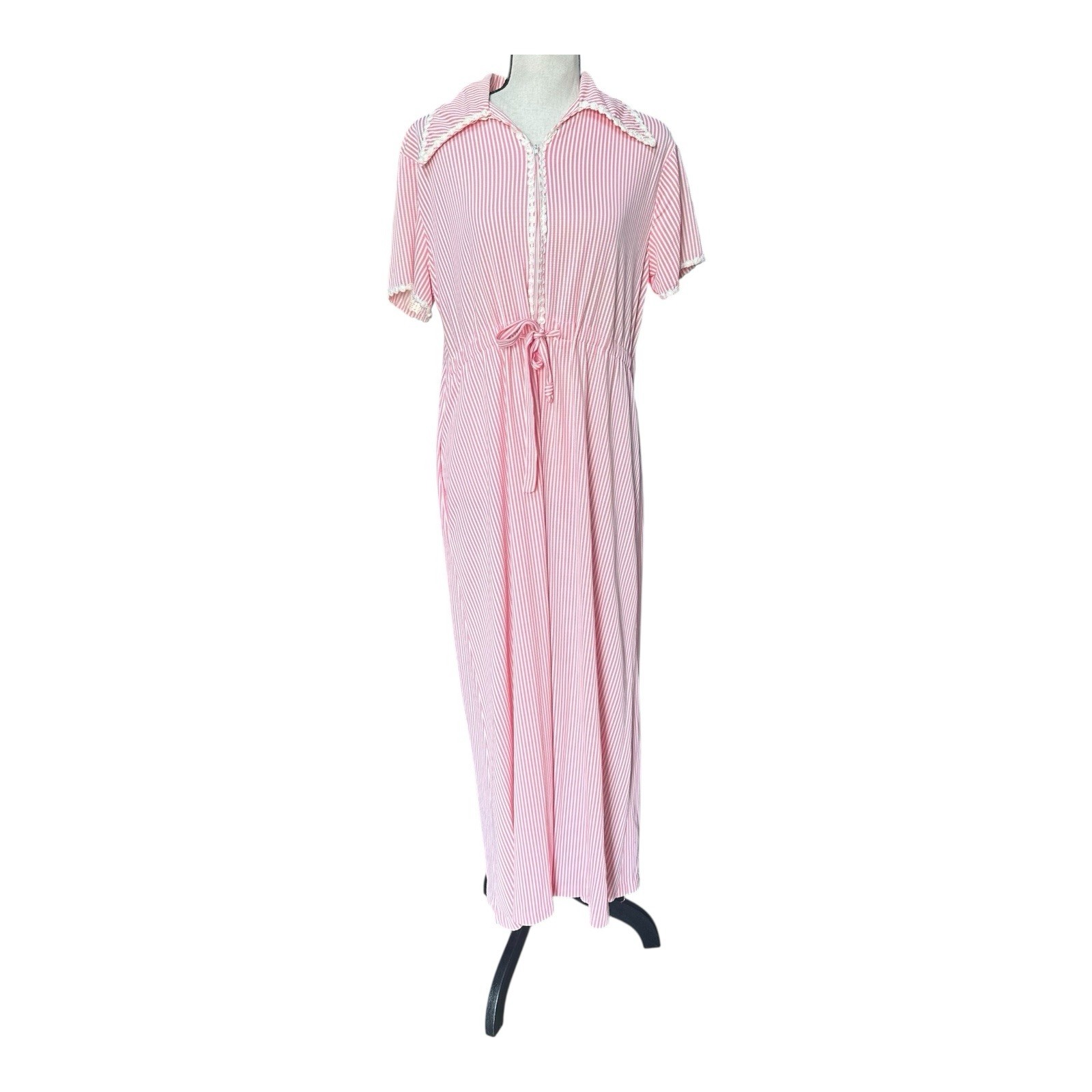 Vintage 70s JCPenney Pink Stripe Zip Robe Housecoat w/ Drawstring ILGWU Sz M