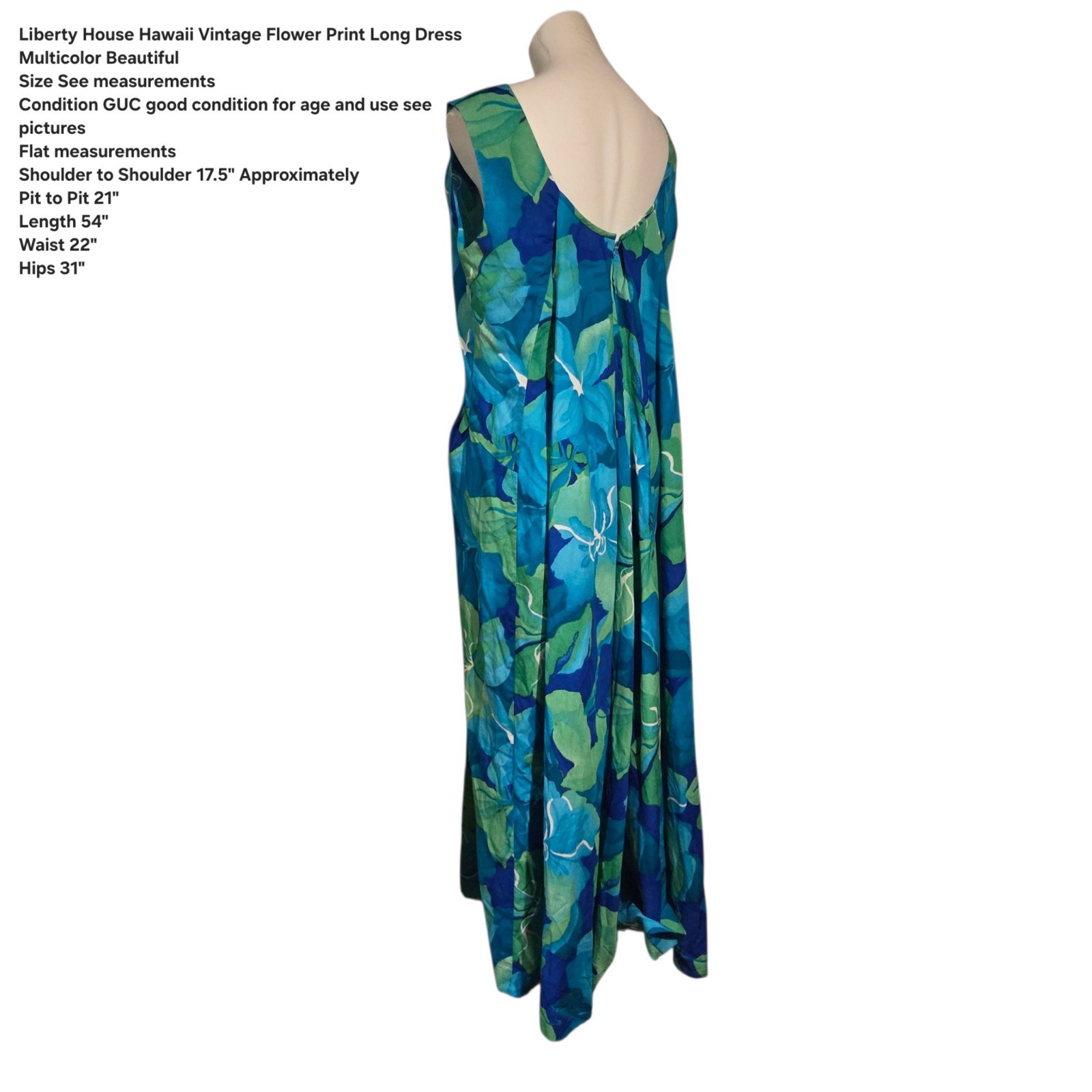 Vintage Liberty House Hawaii Maxi Dress Faux Cape Flowy Blue Green Floral M/L