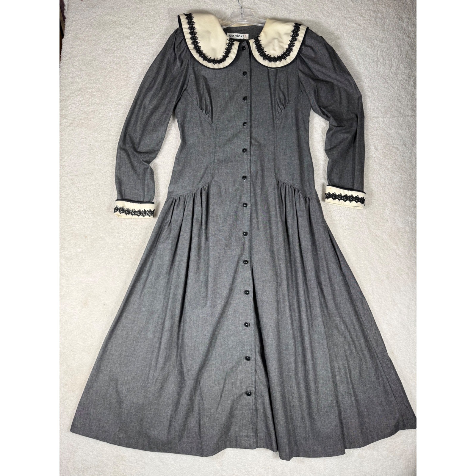 Go Vicki! Maxi Dress Womens 11/12 Grey Vintage Victorian Peter Pan Collar Cotton