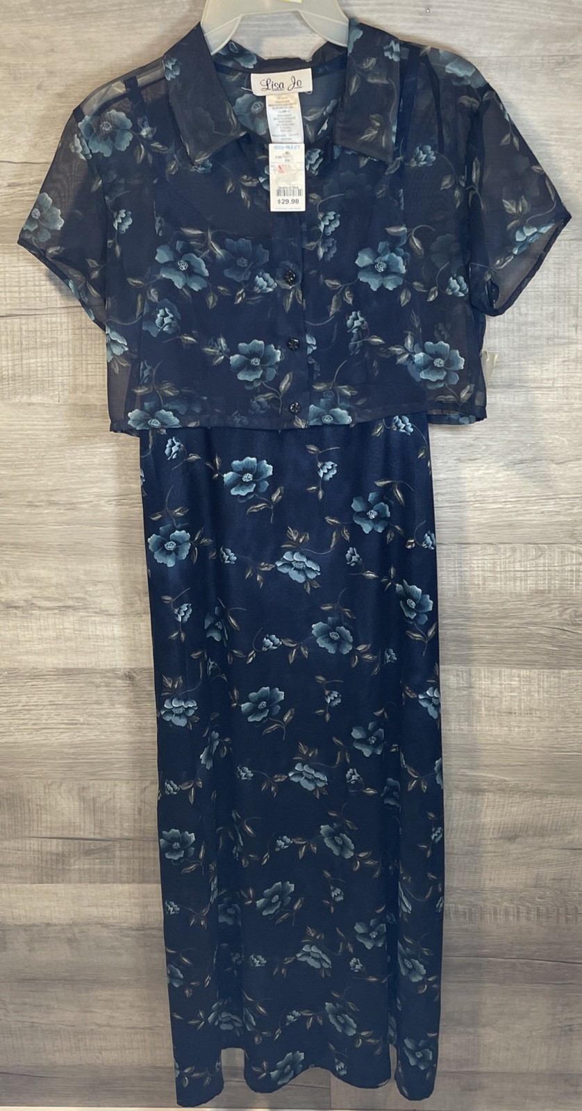 NWT VTG Lisa Jo Slip Dress Size 9/10 Tall Navy W/Shrug with Blue Flowers Fairy