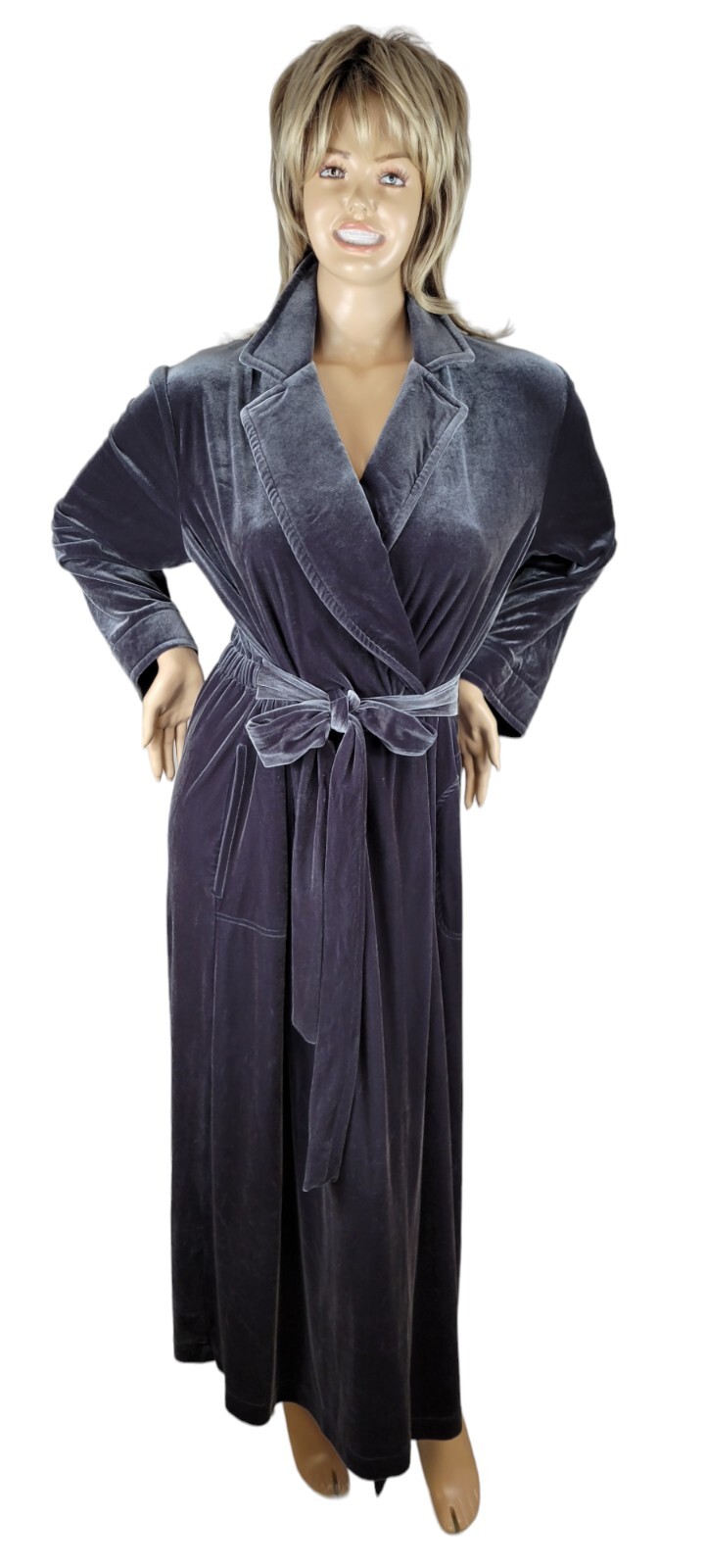 Vintage Diamond Tea Womens Velvet Velour Long Maxi Robe Dressing Gown Grey XL