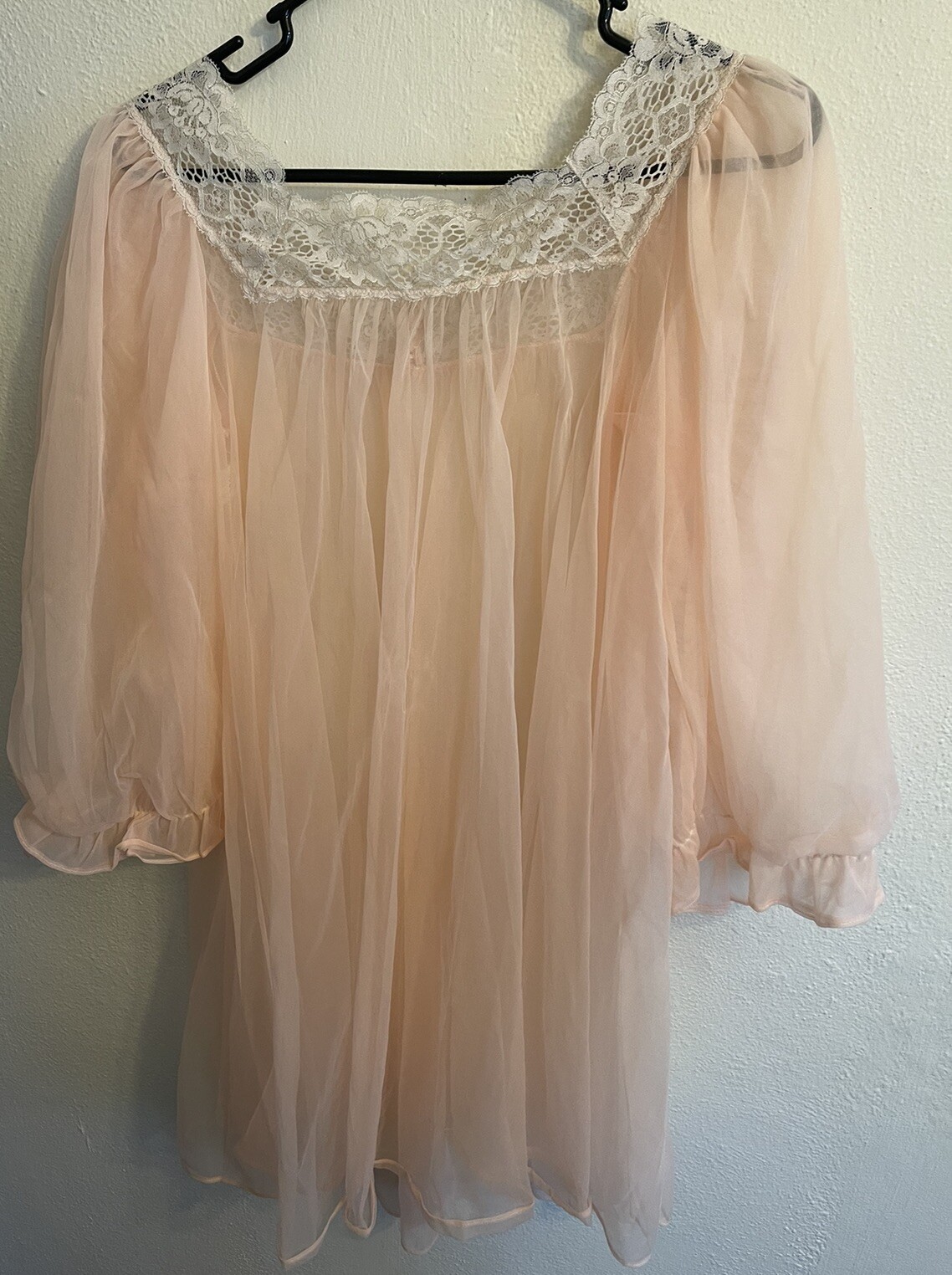 Vtg Lisette Peach Chiffon Overlay Short Nightgown Lace Trim Sz Medium Open Front