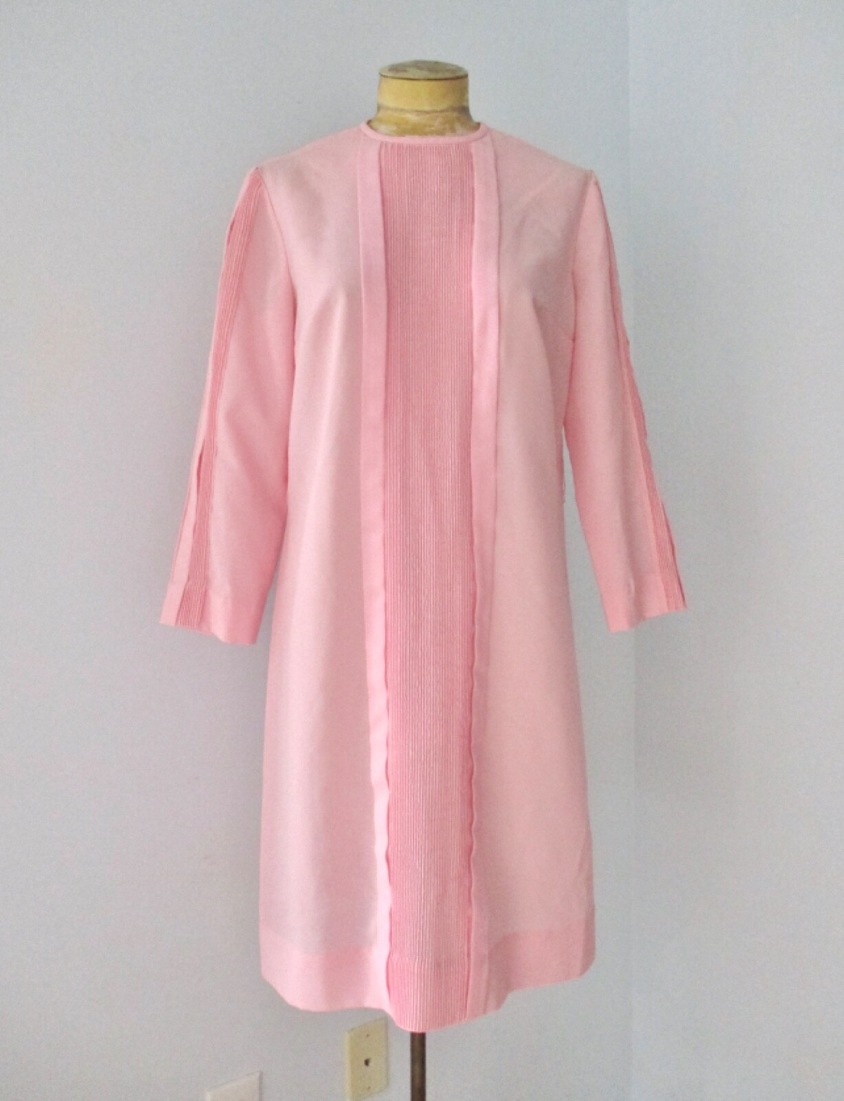 Vtg 60s 70s pink silky tunic dress pin tuck accordion pleats Justin McCarty M