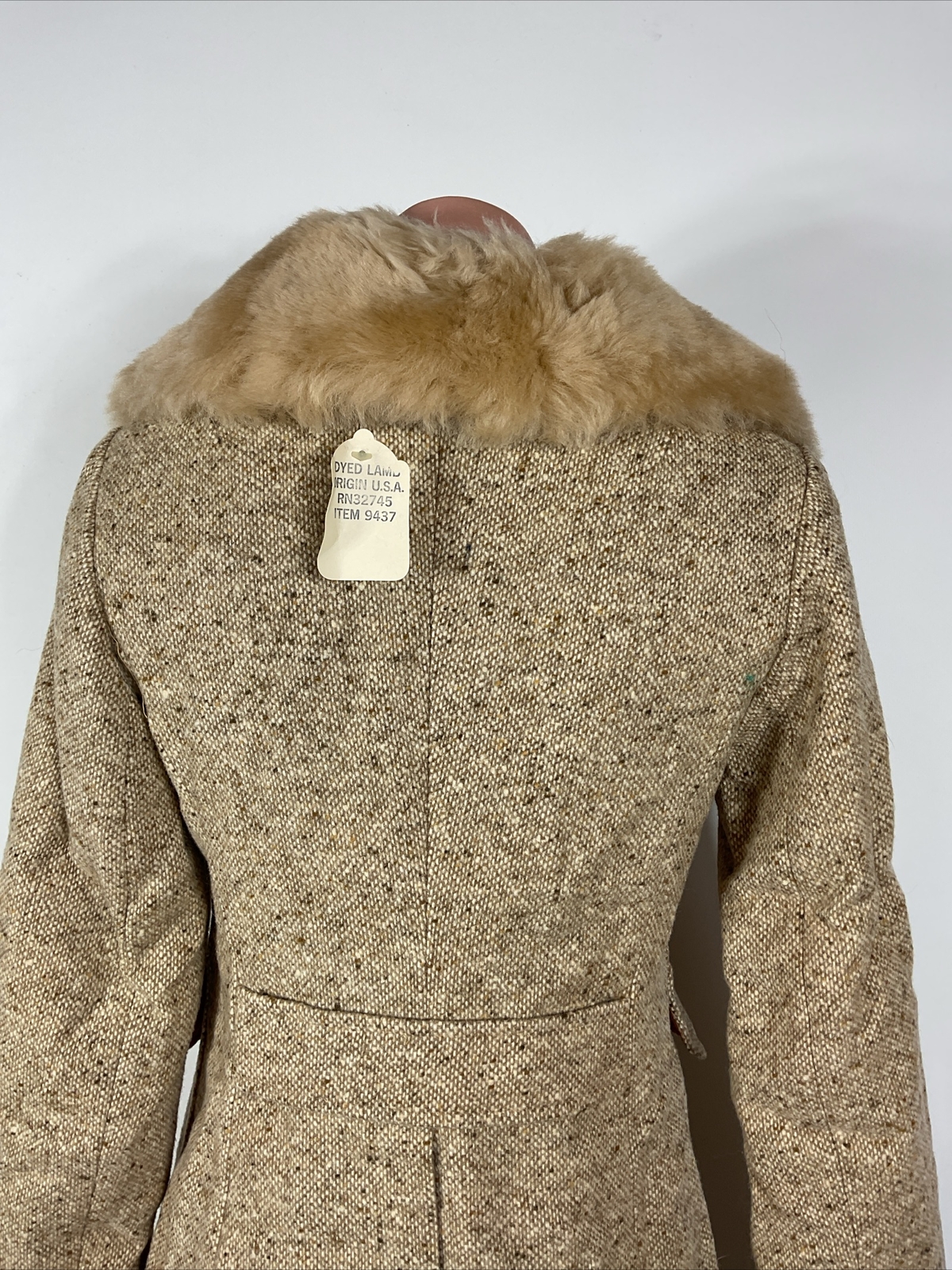 70s VTG Tweed Trench Pea Coat Shearling Lamb Collar Jacket S/M UNION NWT NEW