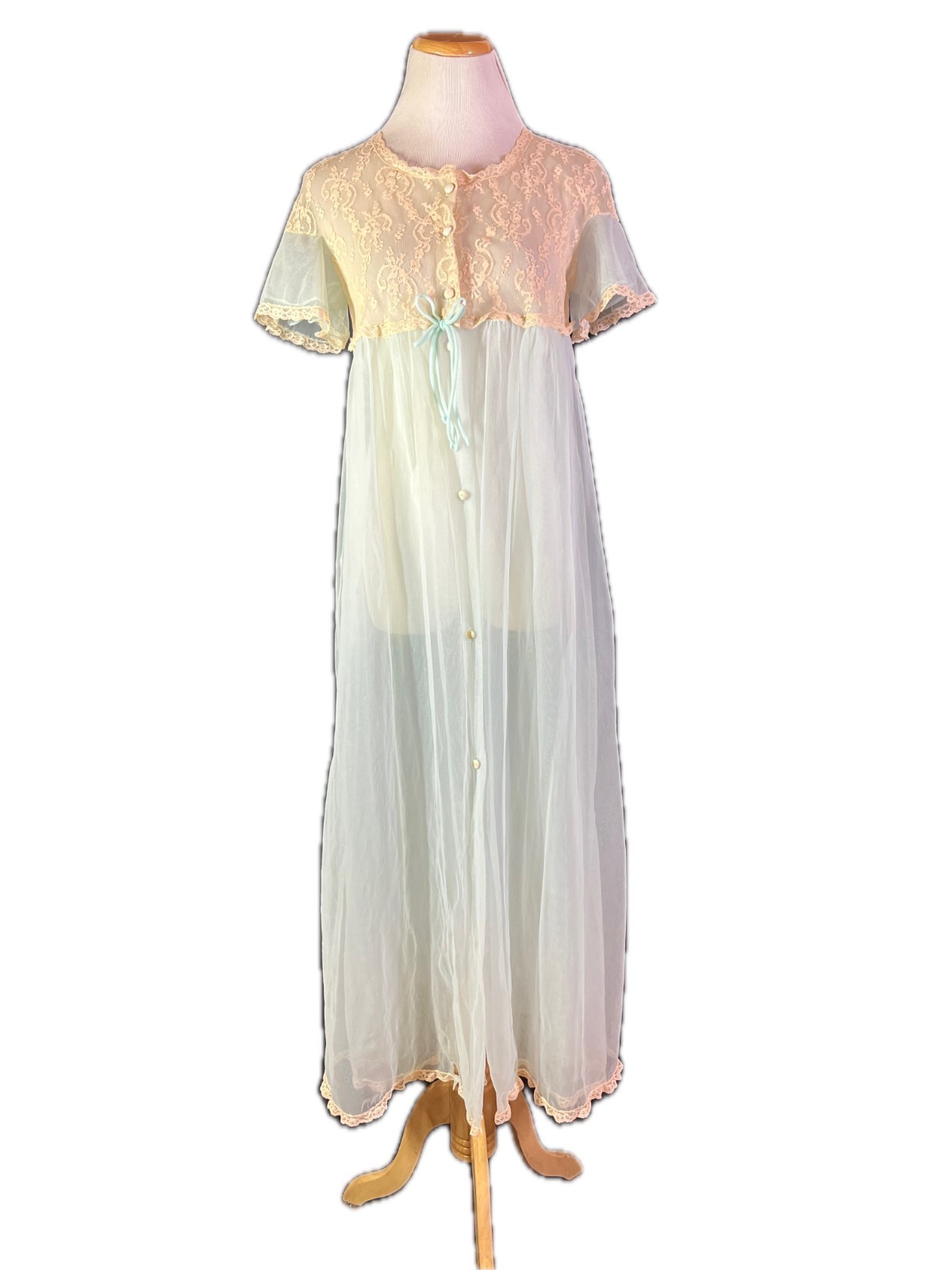 Vintage 50s Aristocraft Size M Nylon Short Sleeve Robe Button-Front Lace Overlay