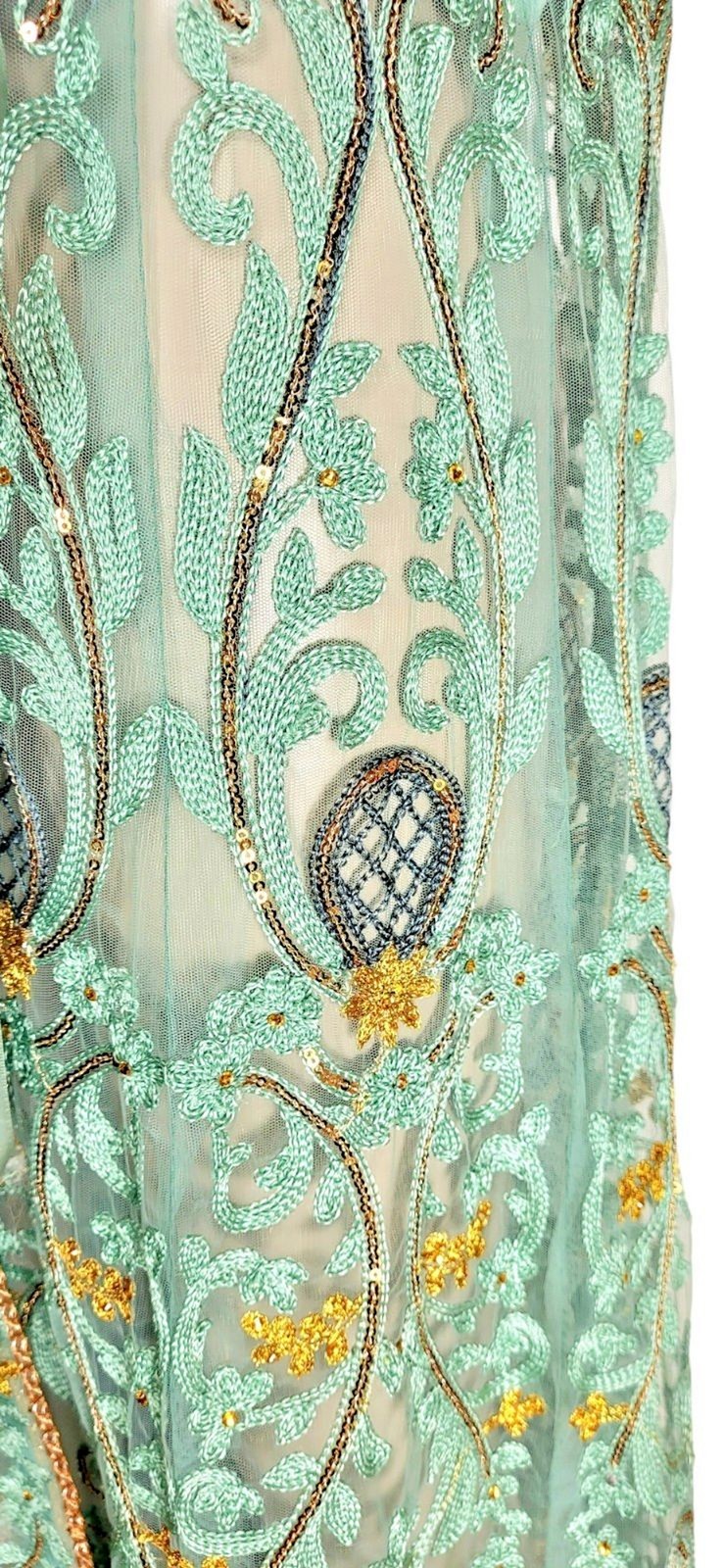 VTG Lace Tulle Metallic Gold Embroidered Bead Embellished Duster Belted Jacket