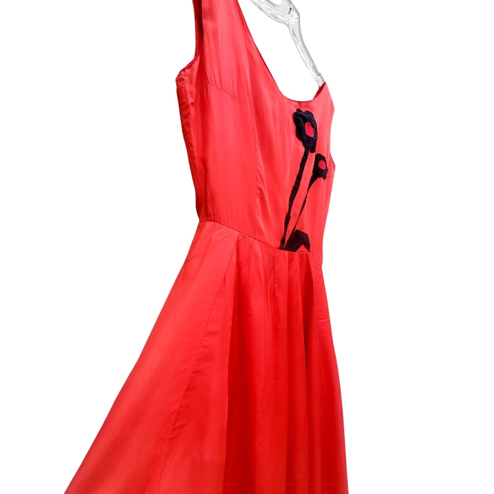 Vintage 30s Style Red Orange Acetate Maxi Size S Black Appliqué Gown Prom Dress