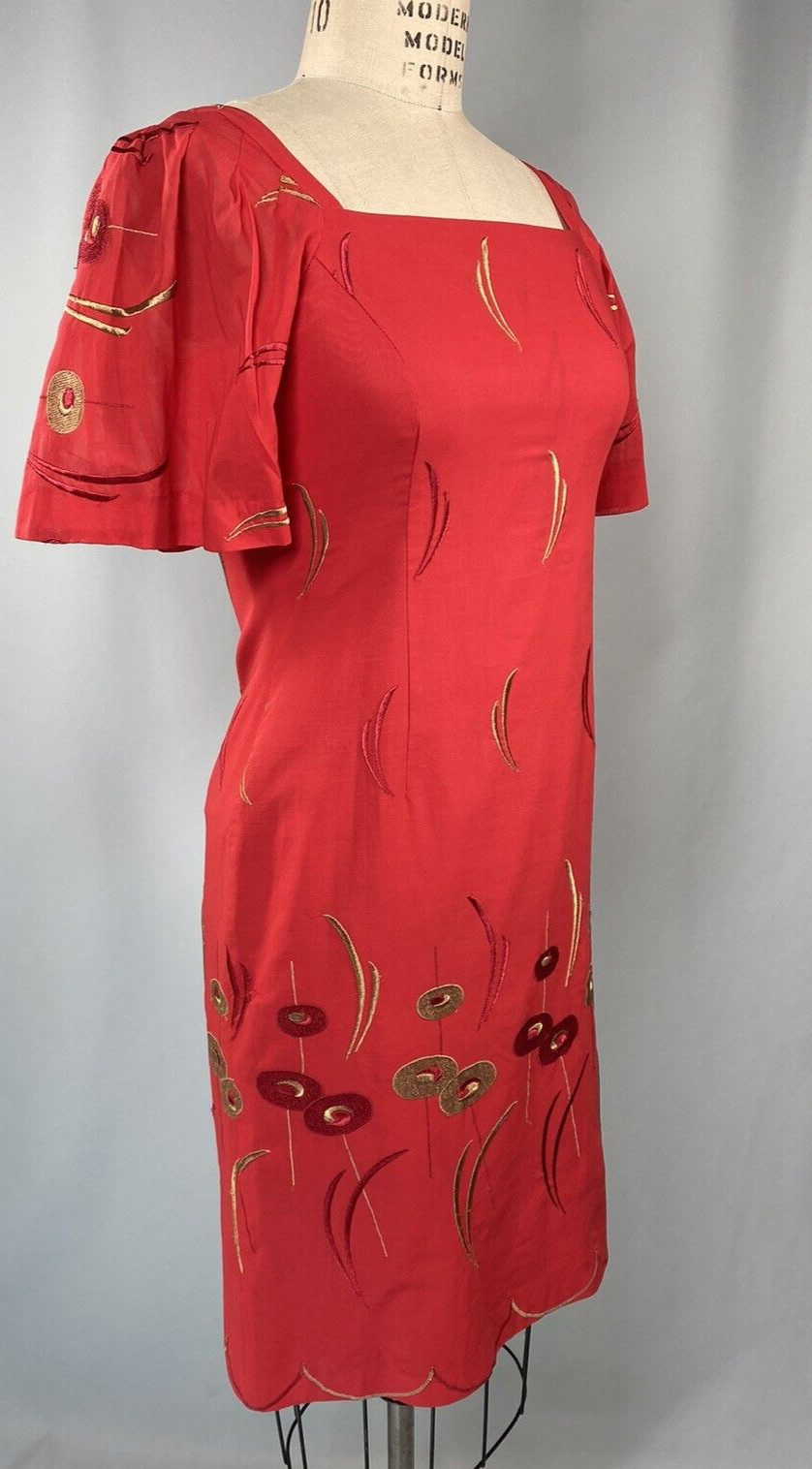 Vintage Dress SIZE SMALL red sheath embroidered 90s 80s Classic