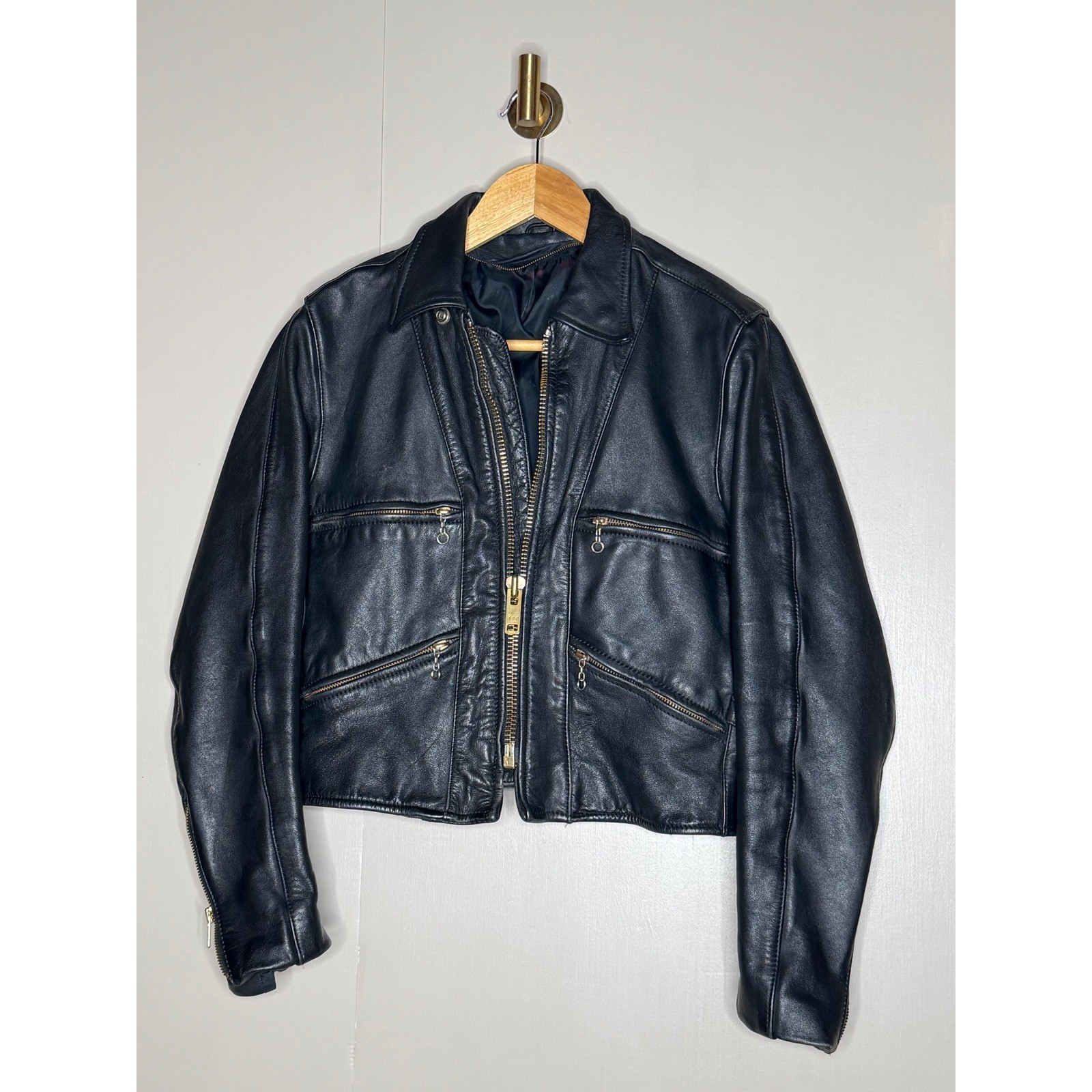 Schott-style heavyweight leather moto jacket single rider black vintage