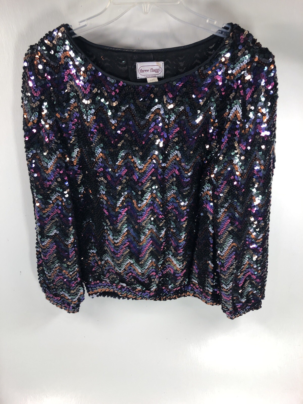 Three Flaggs California Sheer Shirt Sequin Blouse Top Neck Disco Geometric