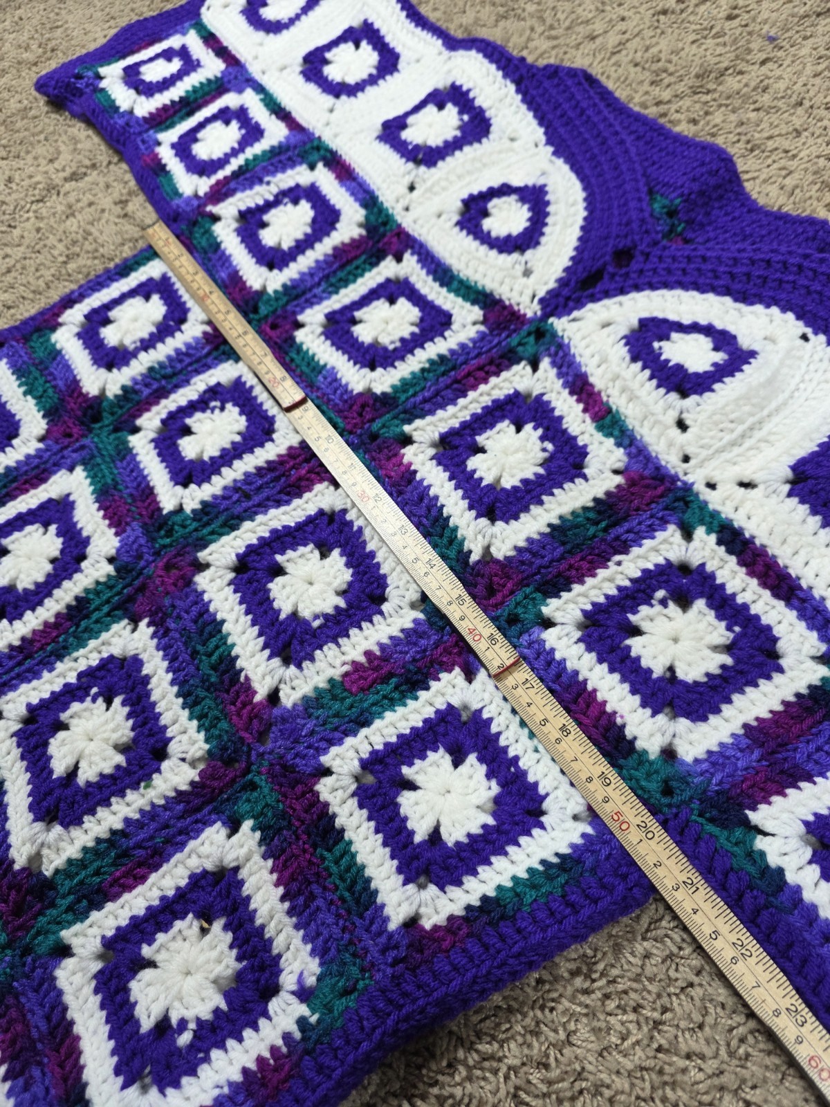 VTG. Handknit Dress Long Tunic Handmade Purple White Green Boho Hippie Size S