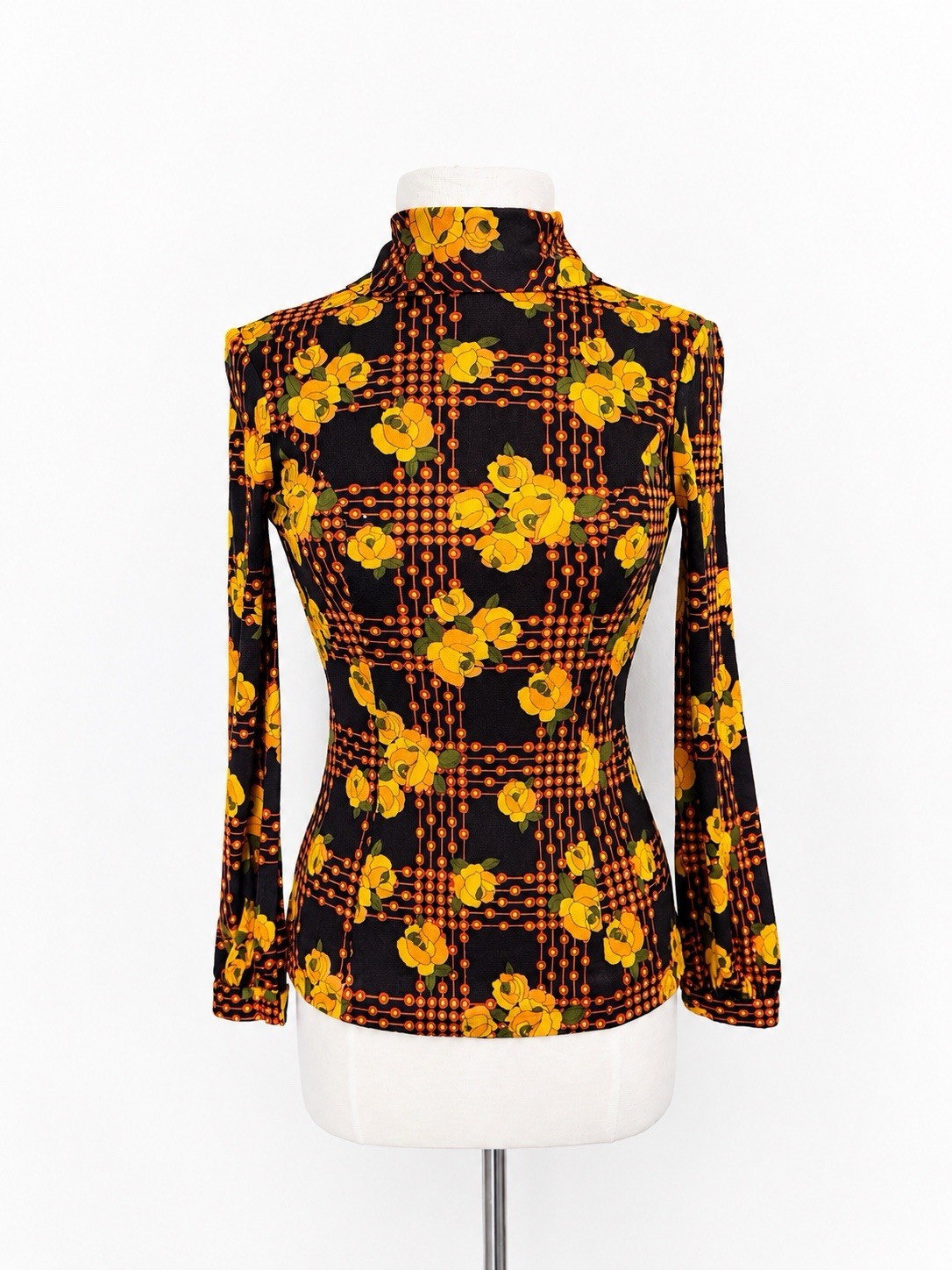70s Floral Top Mod Psychedelic Rose Print Disco Hippie Flower Power Top Blouse