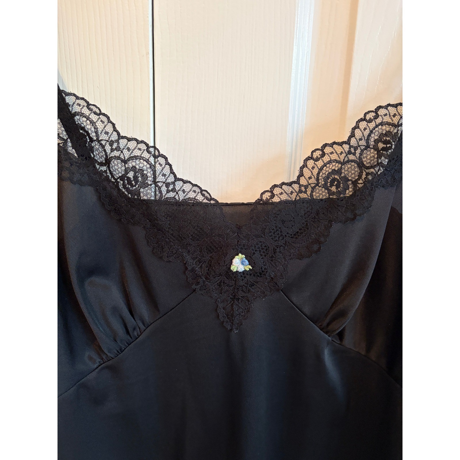 Vintage Black Satin Lace Trim Full Slip Adjustable Straps Floral Detail