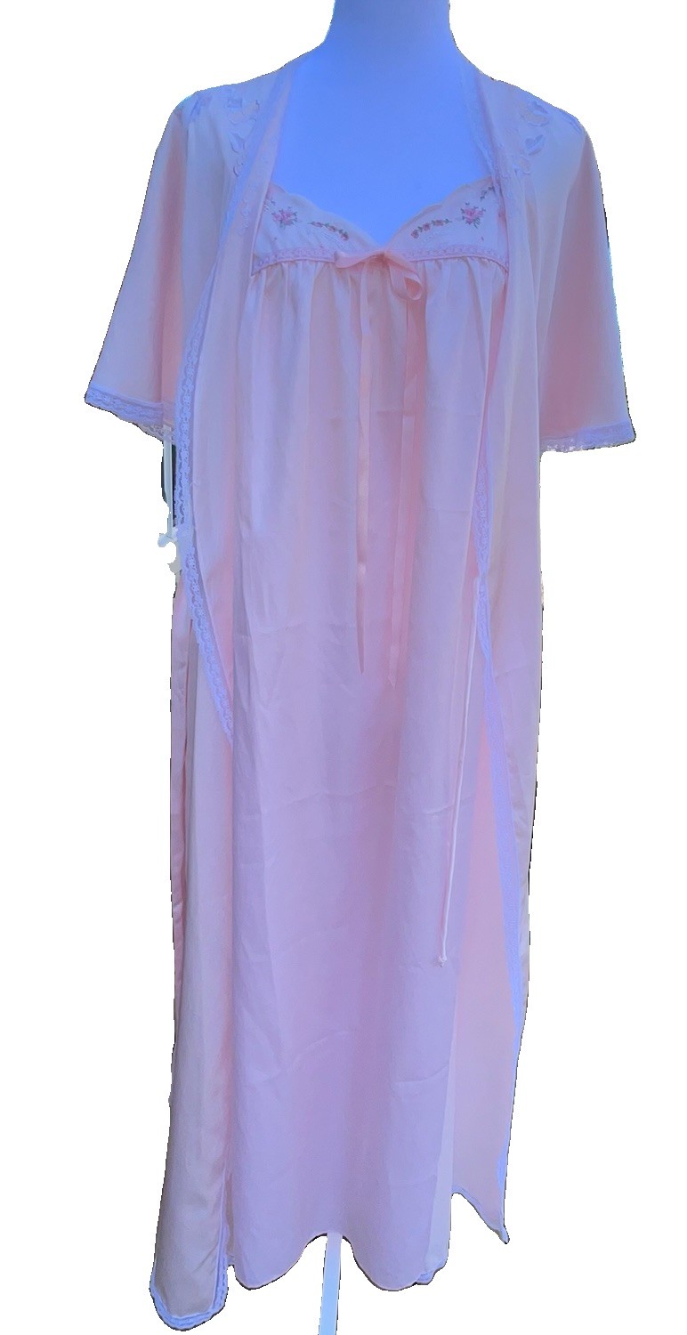 Vtg Nightgown Barbizon Boutique Sara Beth Robe Set Glossy Pink Tiny Roses M L 38