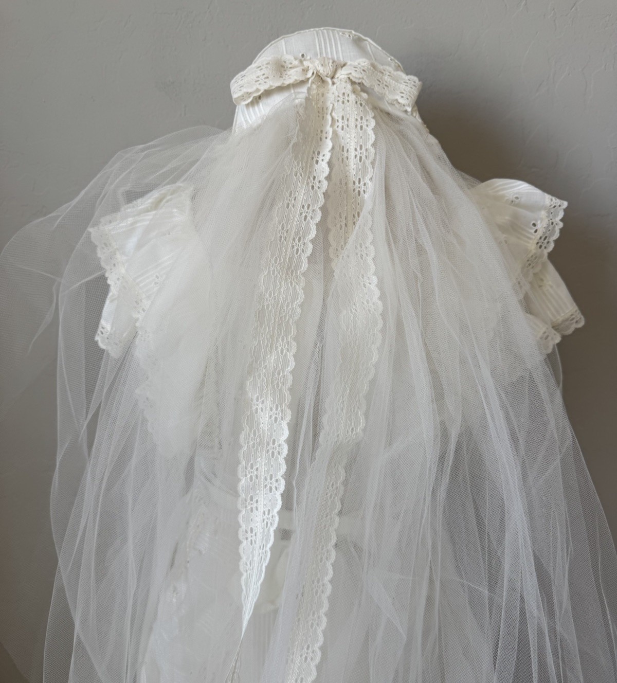 Vtg 70s Ivory Wedding Dress Prairie Cottage Core Peasant Bonnet Hat Veil Trek