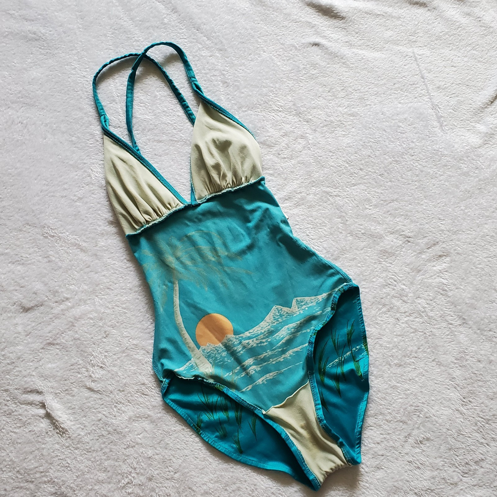 Vintage 70s Andmore One Piece Swimsuit Sunset Palm Tree Union Made ILGWU Sz 10