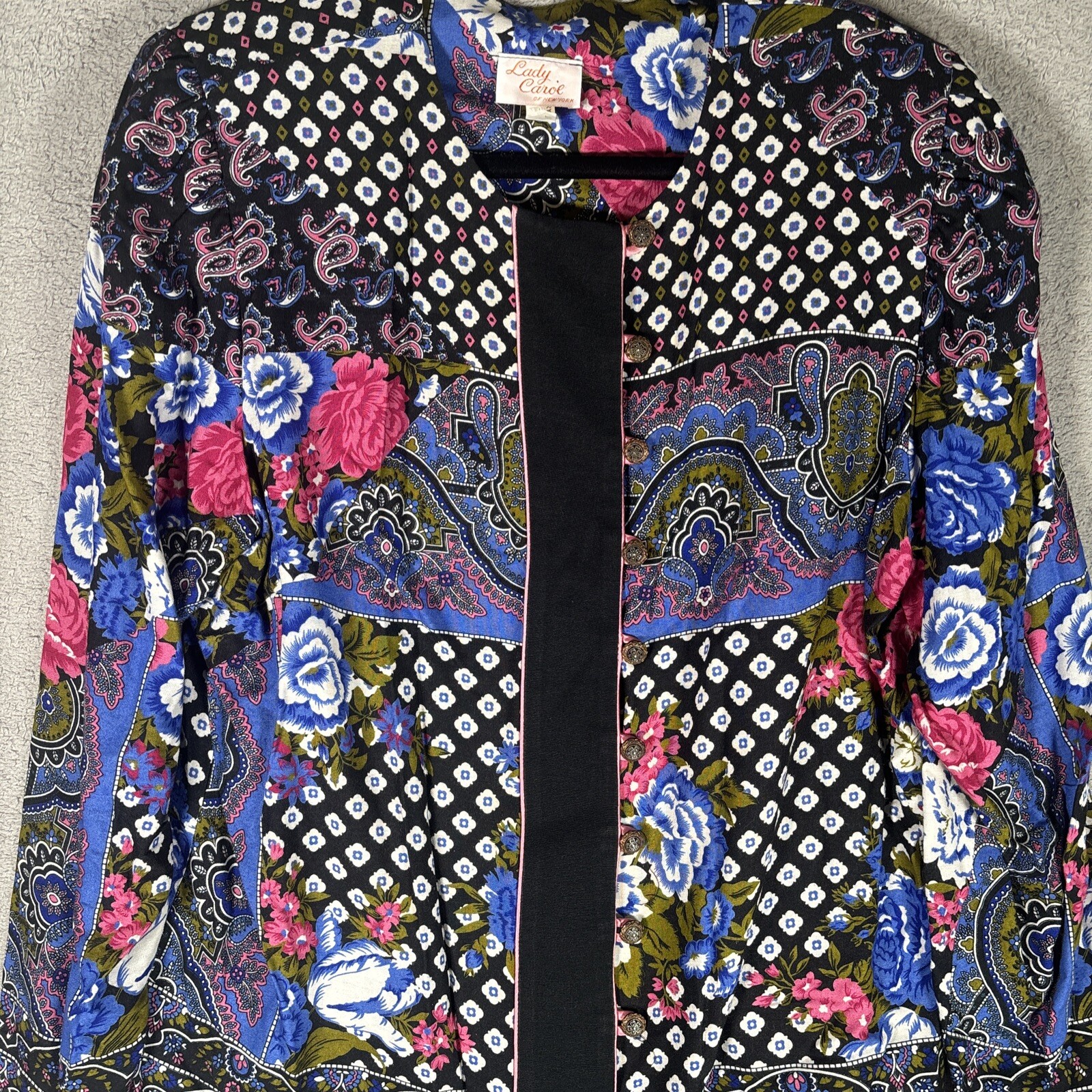 Vntg Lady Carol Of New York Blouse Button Up Paisley Floral Black Shoulder Pads