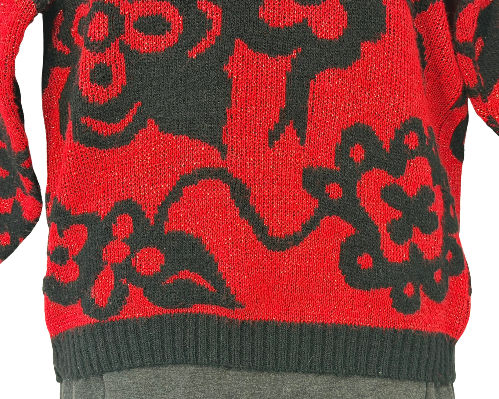 Vtg 80s Jolie Sz M-L Dropped Shoulder Sweater Acrylic-Lurex Knit Red & Black
