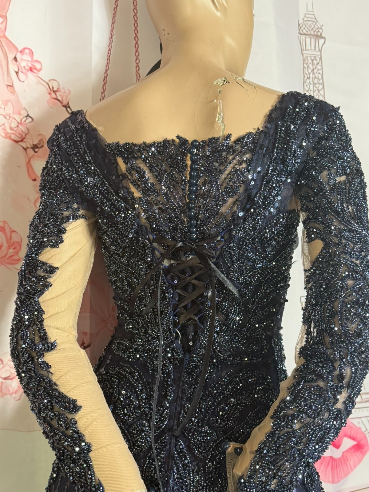 Vintage 80s 90s Mermaid Dress Gothic Wedding Beaded Evening Gown Train 32 34